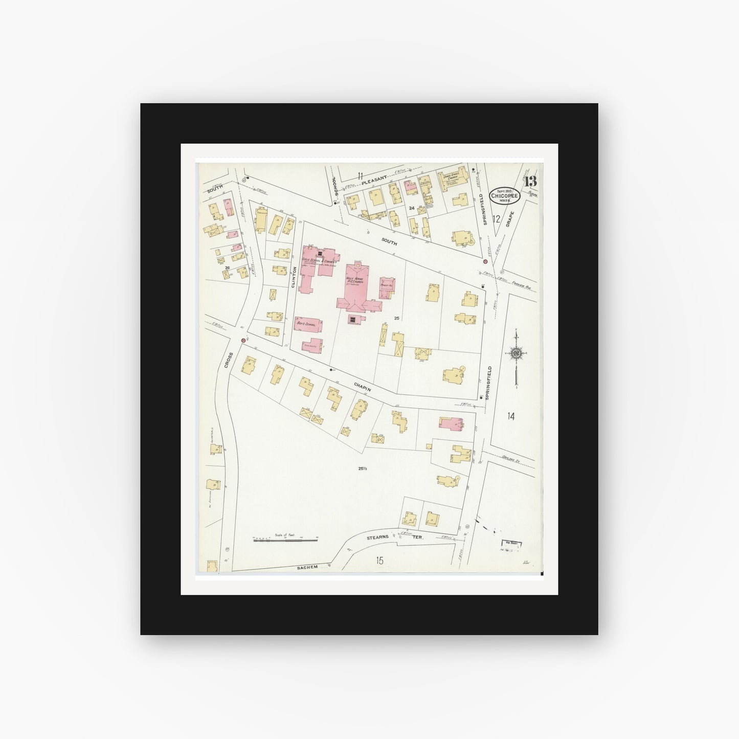 Old map wall art mockup — black gallery frame with white mat — Sanborn Fire Insurance Map from Chicopee, Hampden County, Massachusetts (1910), Sheet #0013