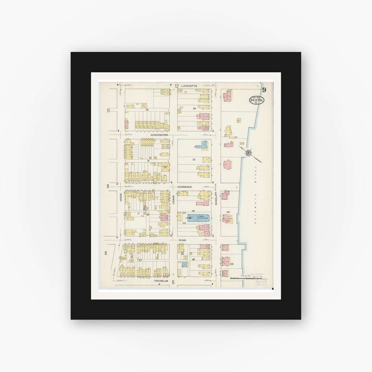 Old map wall art mockup — black gallery frame with white mat — Sanborn Fire Insurance Map from Bristol, Bucks County, Pennsylvania (1915), Sheet #0009