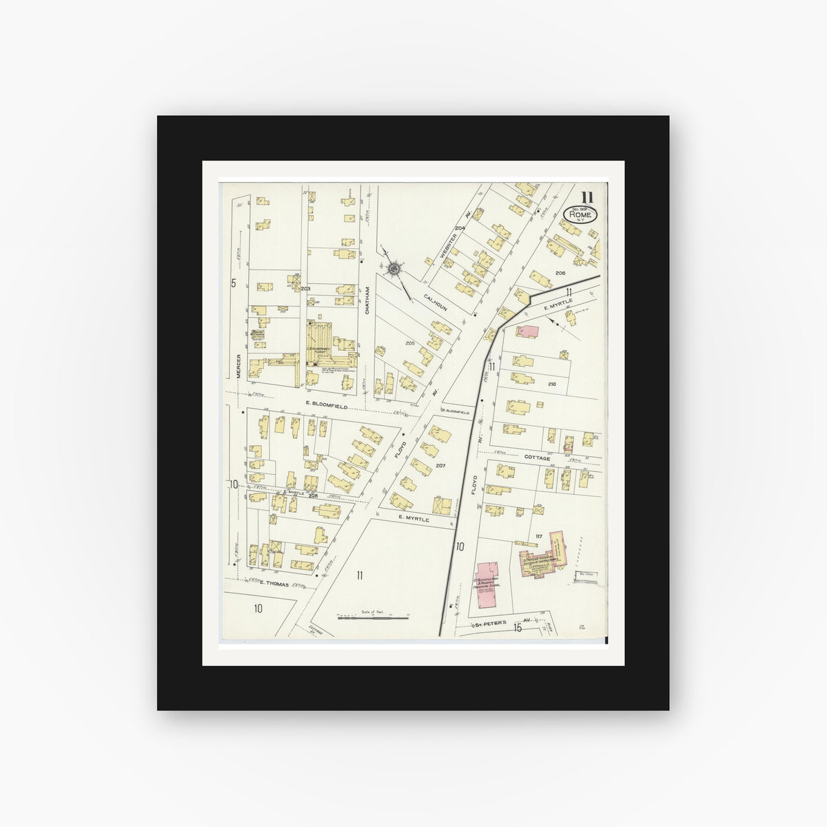 Old map wall art mockup — black gallery frame with white mat — Sanborn Fire Insurance Map from Rome, Oneida County, New York (1909), Sheet #0011