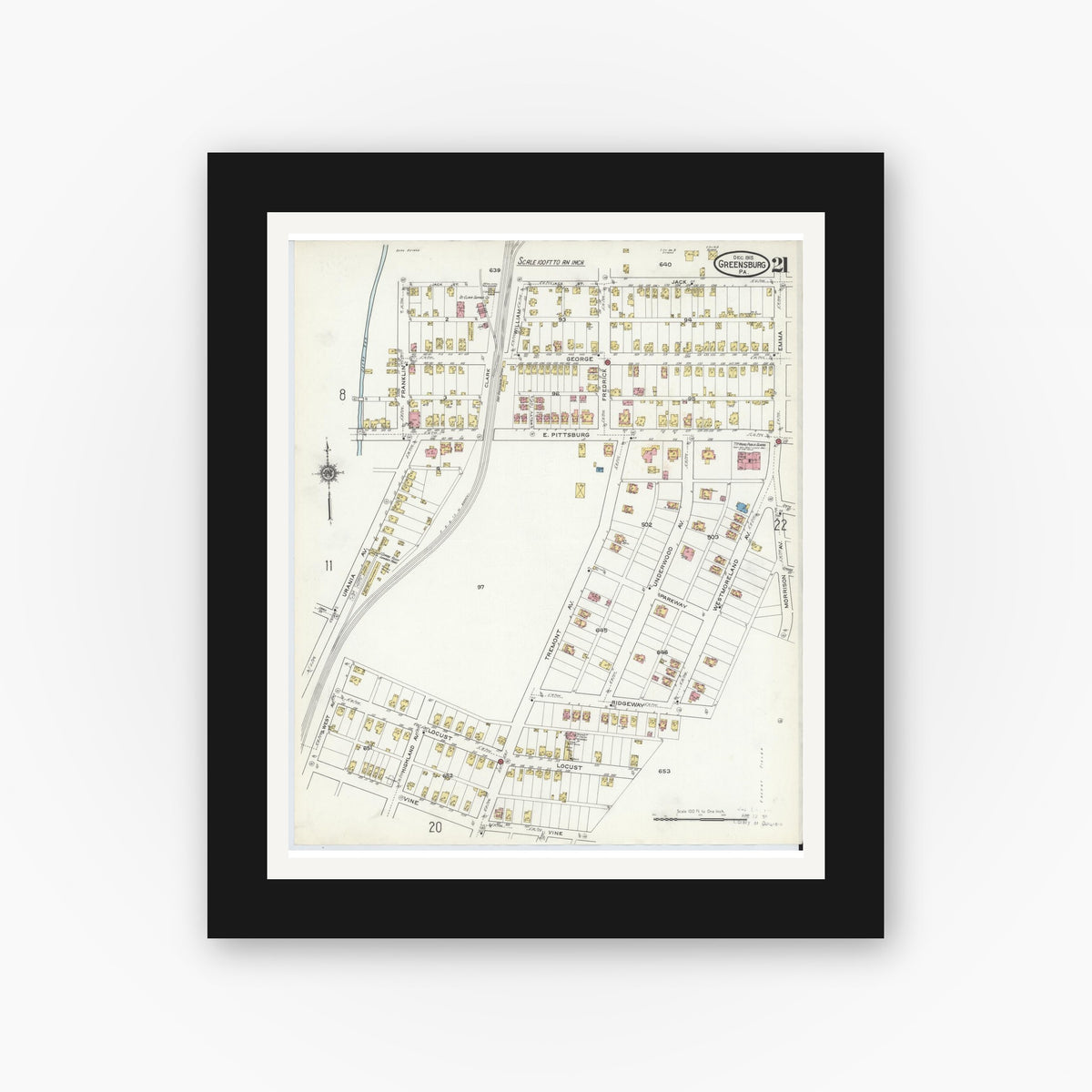 Old map wall art mockup — black gallery frame with white mat — Sanborn Fire Insurance Map from Greensburg, Westmoreland County, Pennsylvania (1915), Sheet #0021
