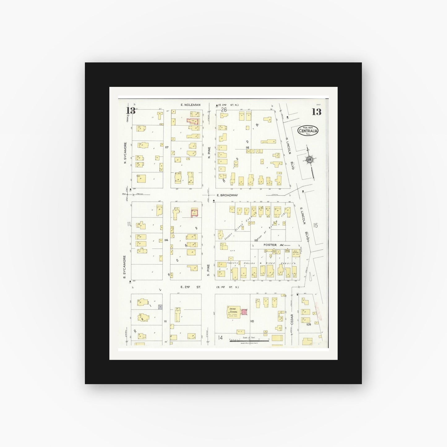 Old map wall art mockup — black gallery frame with white mat — Sanborn Fire Insurance Map from Centralia, Marion, Clinton, Jefferson, and Washington Counties, Illinois (1924), Sheet #0013