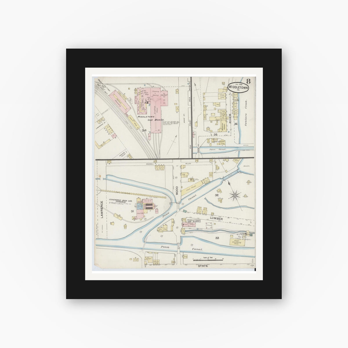 Old map wall art mockup — black gallery frame with white mat — Sanborn Fire Insurance Map from Middletown, Dauphin County, Pennsylvania (1888), Sheet #0008