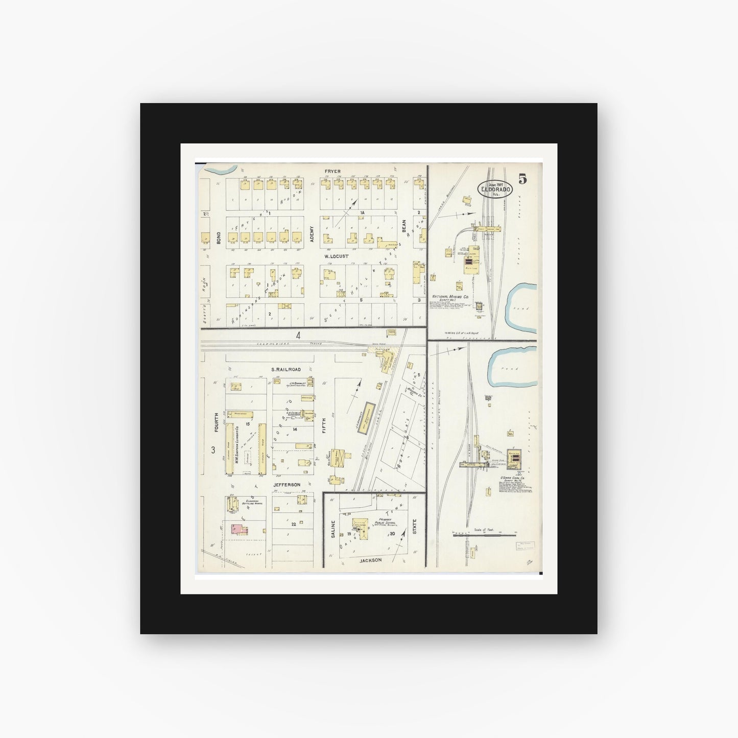 Old map wall art mockup — black gallery frame with white mat — Sanborn Fire Insurance Map from Eldorado, Saline County, Illinois (1907), Sheet #0005