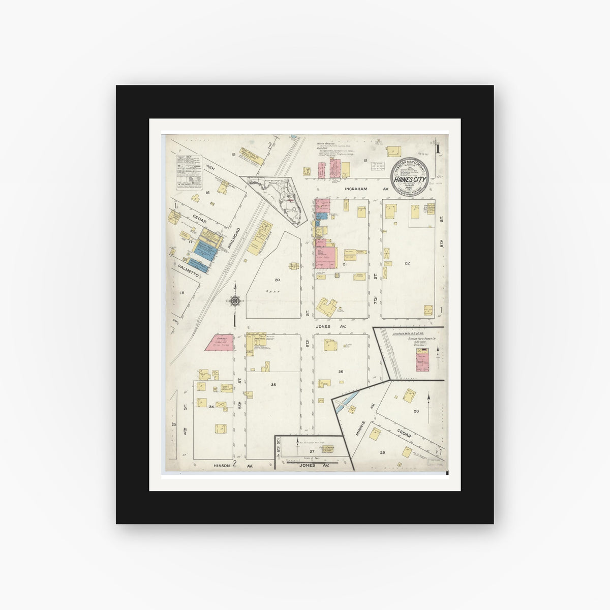 Old map wall art mockup — black gallery frame with white mat — Sanborn Fire Insurance Map from Haines City, Polk County, Florida (1917), Sheet #0001