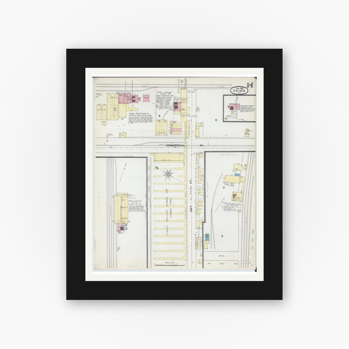 Old map wall art mockup — black gallery frame with white mat — Sanborn Fire Insurance Map from Cairo, Alexander County, Illinois (1891), Sheet #0014