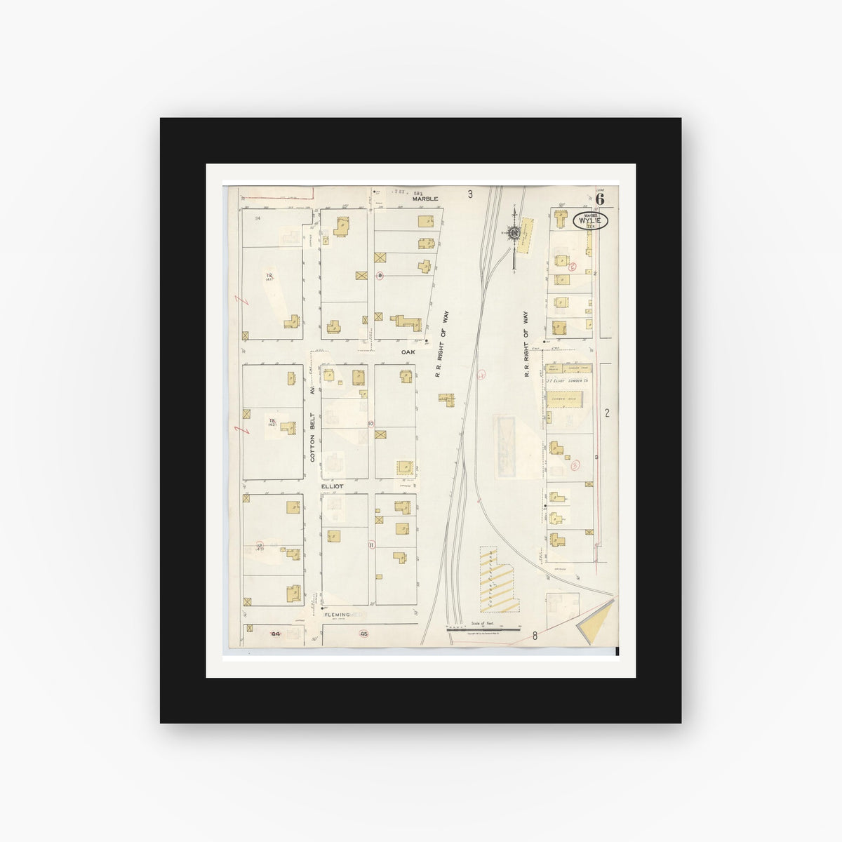 Old map wall art mockup — black gallery frame with white mat — Sanborn Fire Insurance Map from Wylie, Collin County, Texas (1934), Sheet #0006