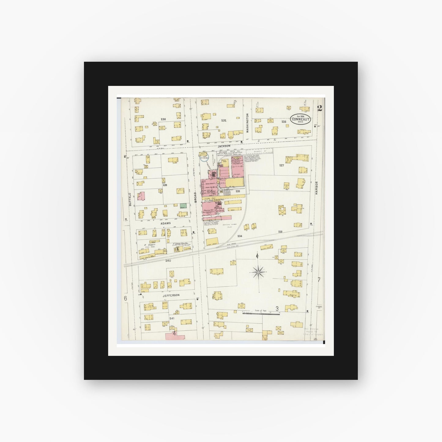 Old map wall art mockup — black gallery frame with white mat — Sanborn Fire Insurance Map from Conneaut, Ashtabula County, Ohio (1898), Sheet #0002