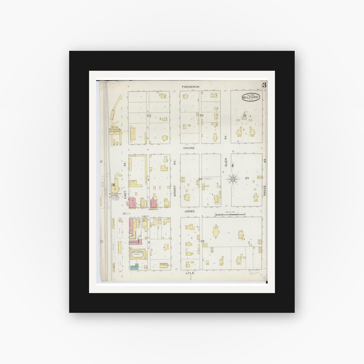 Old map wall art mockup — black gallery frame with white mat — Sanborn Fire Insurance Map from Milford, Iroquois County, Illinois (1893), Sheet #0003