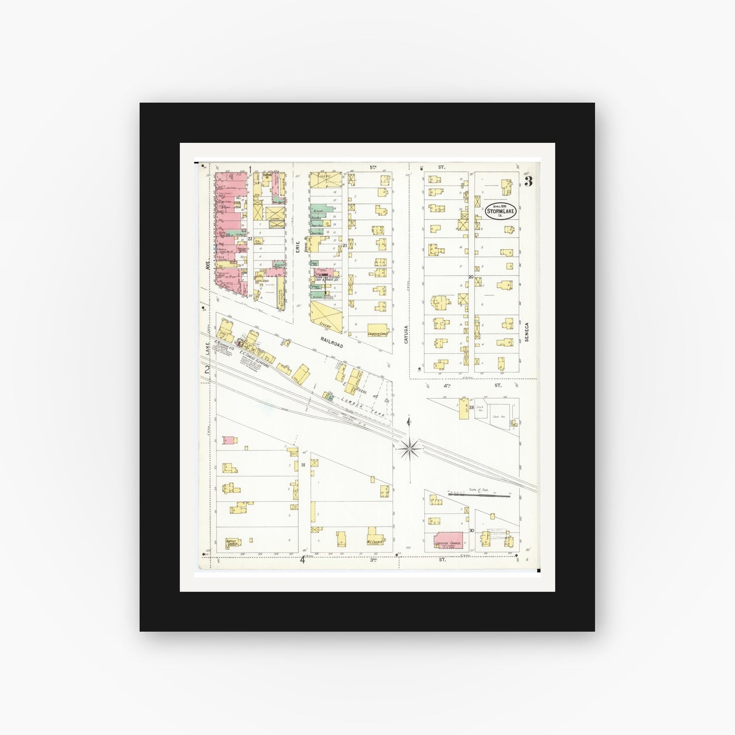 Old map wall art mockup β black gallery frame with white mat β Sanborn Fire Insurance Map from Storm Lake, Buena Vista County, Iowa (1899), Sheet #0003