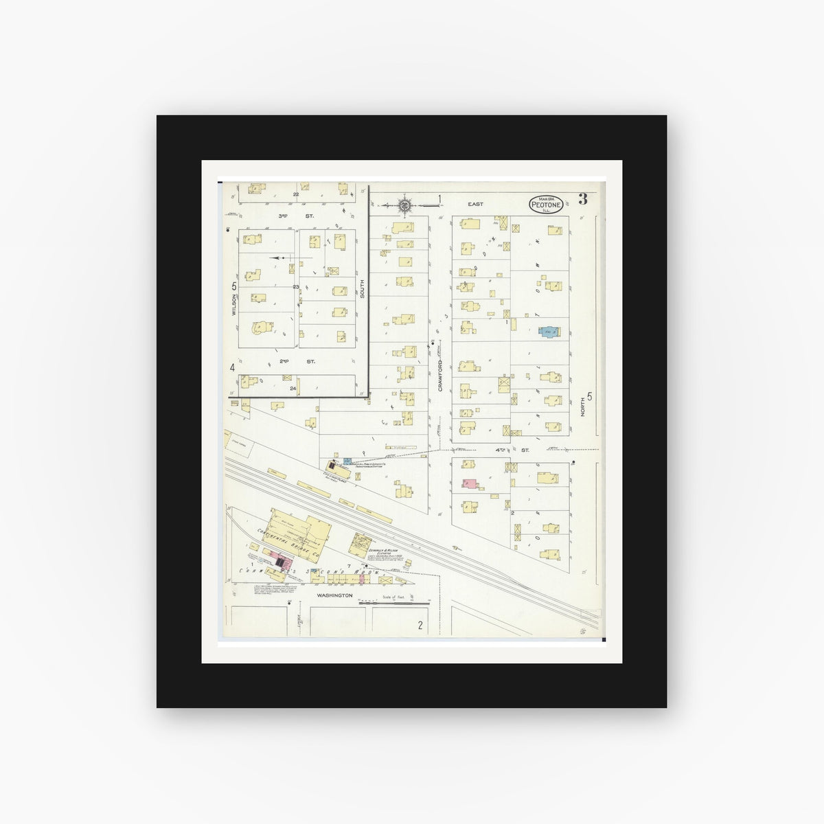 Old map wall art mockup — black gallery frame with white mat — Sanborn Fire Insurance Map from Peotone, Will County, Illinois (1914), Sheet #0003