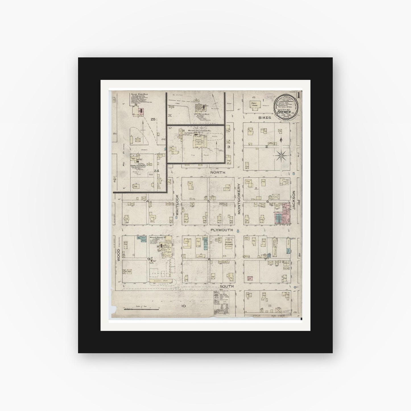 Old map wall art mockup — black gallery frame with white mat — Sanborn Fire Insurance Map from Bremen, Marshall County, Indiana (1886) - Complete Map Set