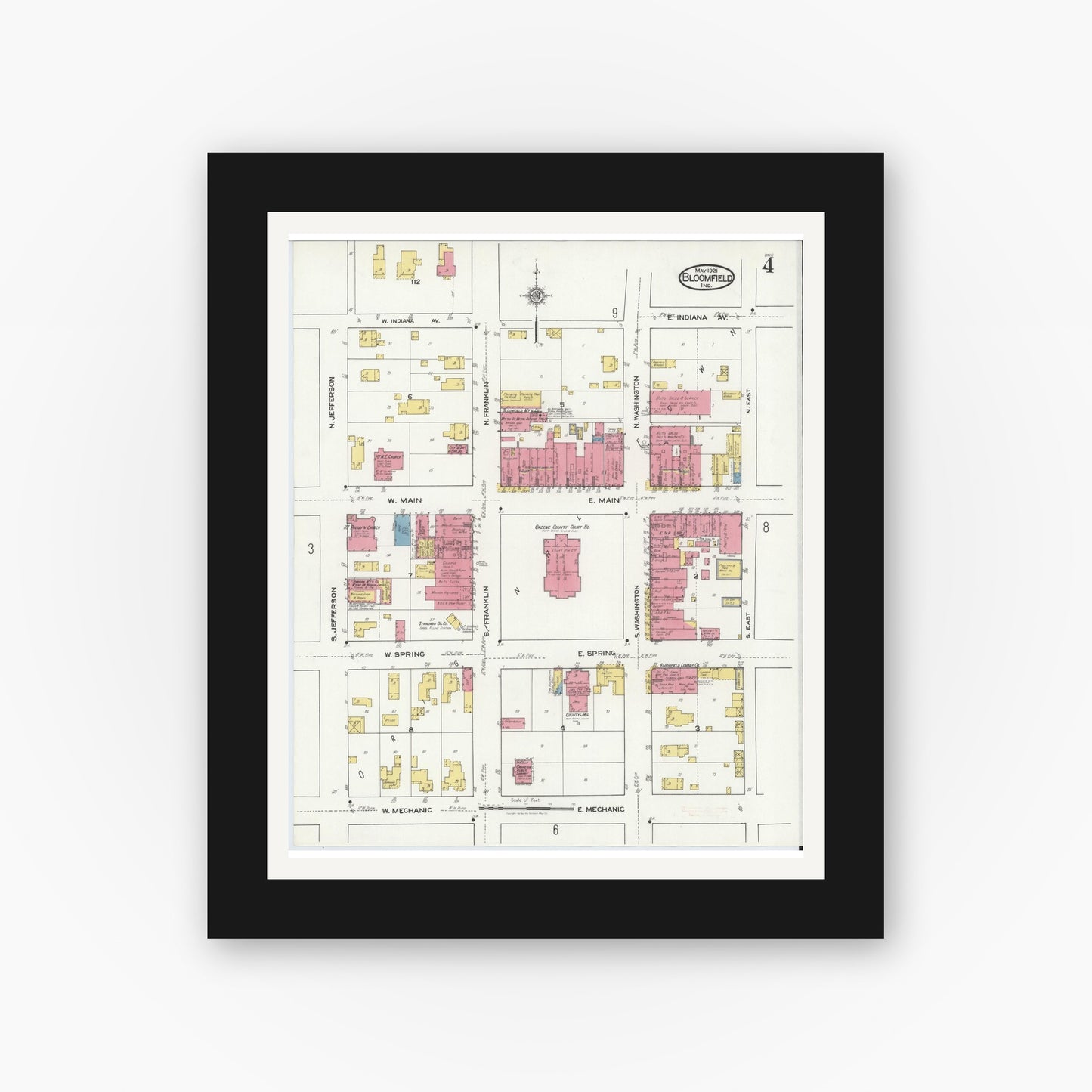 Old map wall art mockup — black gallery frame with white mat — Sanborn Fire Insurance Map from Bloomfield, Greene County, Indiana (1921), Sheet #0004