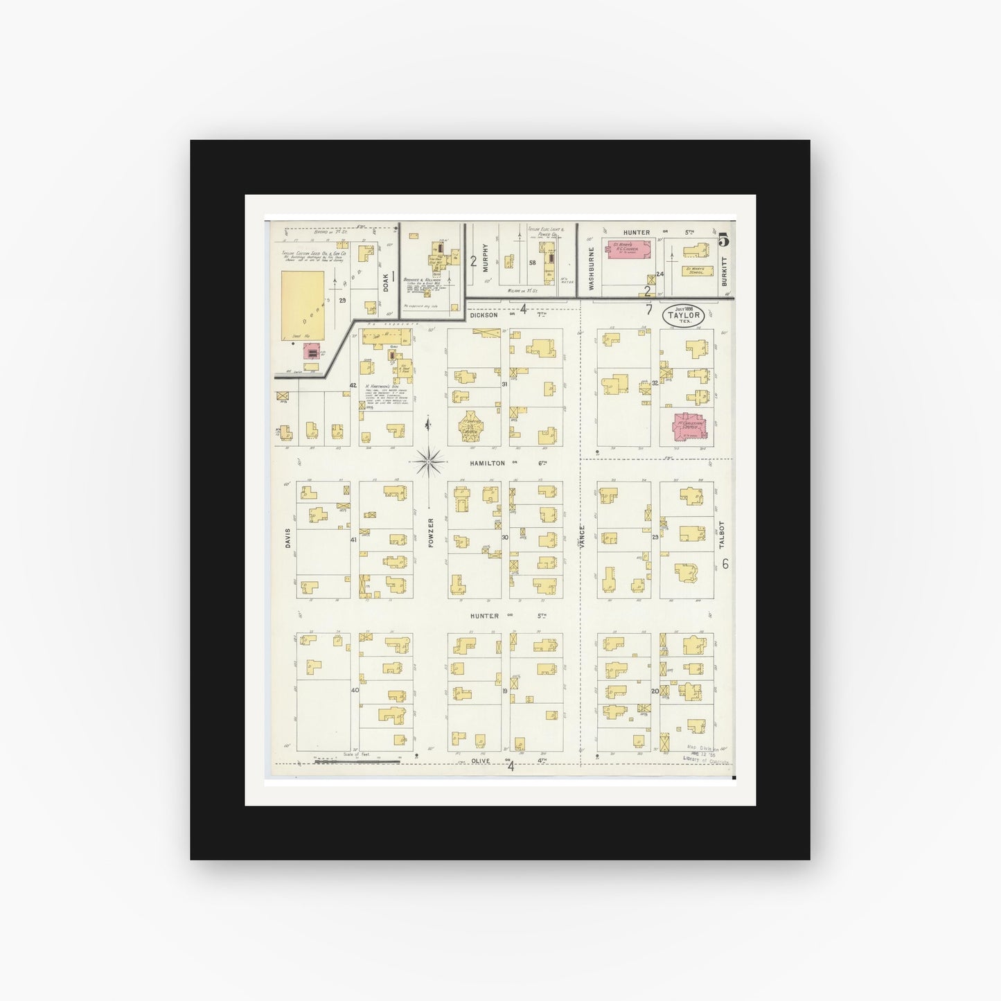 Old map wall art mockup — black gallery frame with white mat — Sanborn Fire Insurance Map from Taylor, Williamson County, Texas (1898), Sheet #0005