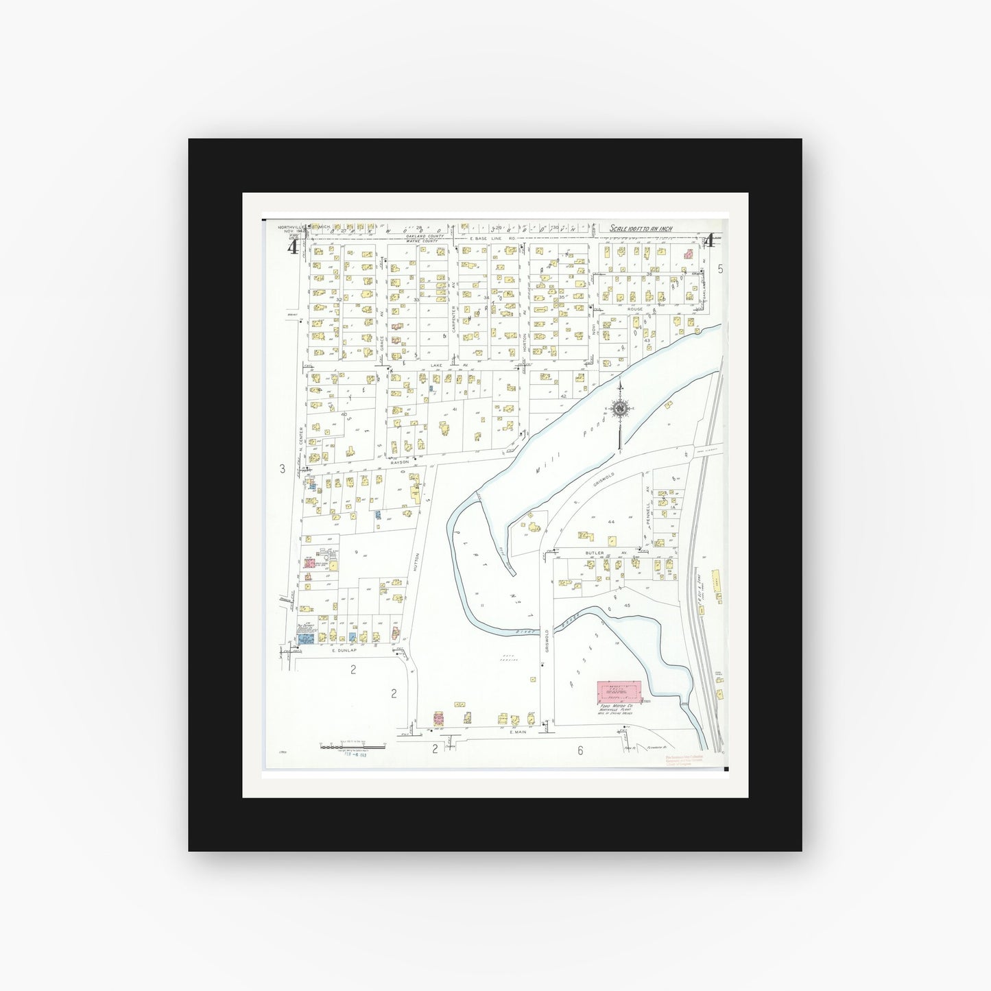 Old map wall art mockup — black gallery frame with white mat — Sanborn Fire Insurance Map from Northville, Wayne County, Michigan (1942), Sheet #0004