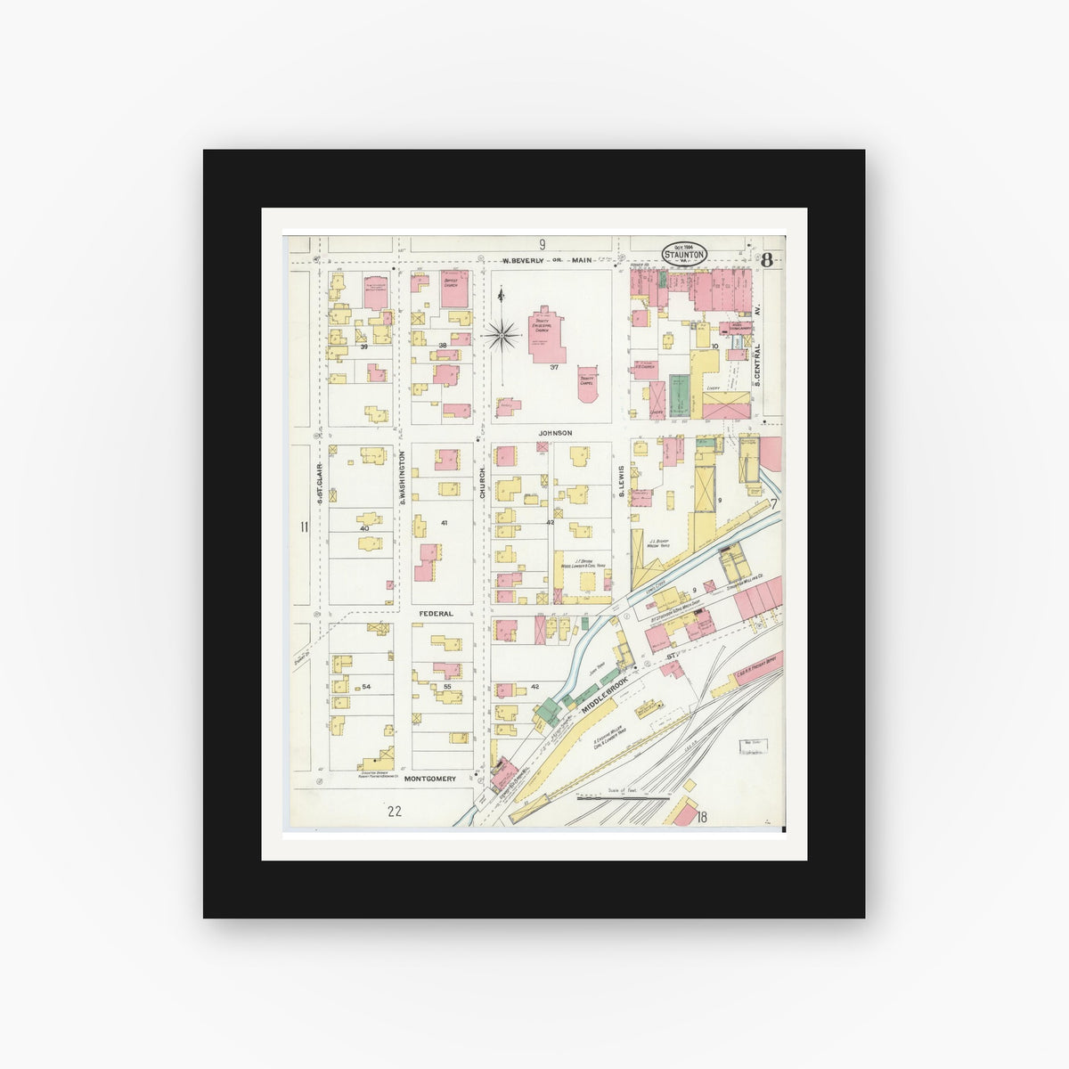Old map wall art mockup — black gallery frame with white mat — Sanborn Fire Insurance Map from Staunton, Independent Cities, Virginia (1904), Sheet #0008