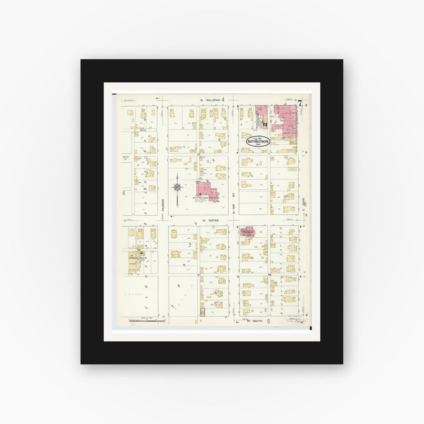 Old map wall art mockup — black gallery frame with white mat — Sanborn Fire Insurance Map from North Baltimore, Wood County, Ohio (1913), Sheet #0007