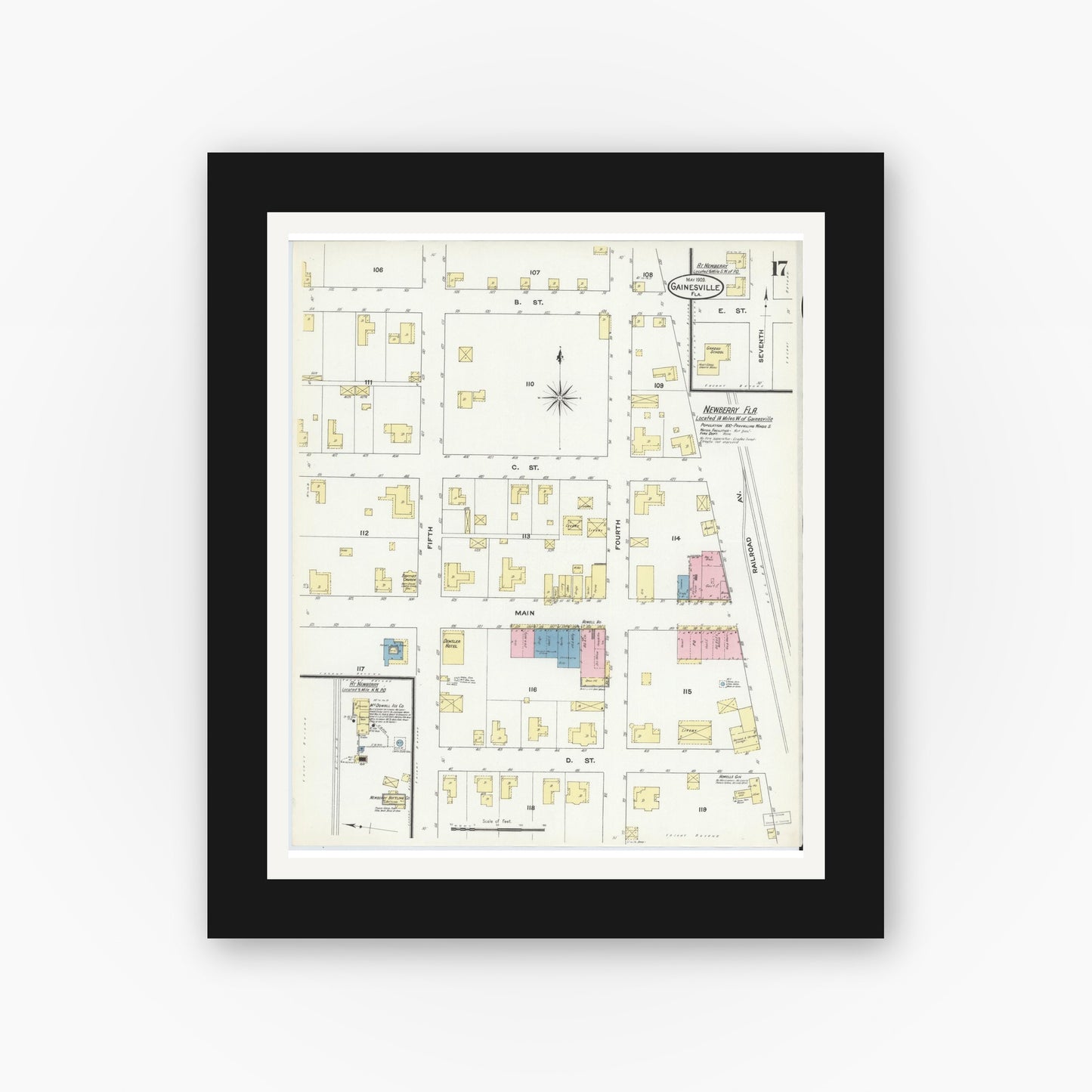 Old map wall art mockup — black gallery frame with white mat — Sanborn Fire Insurance Map from Gainesville, Alachua County, Florida (1909), Sheet #0017
