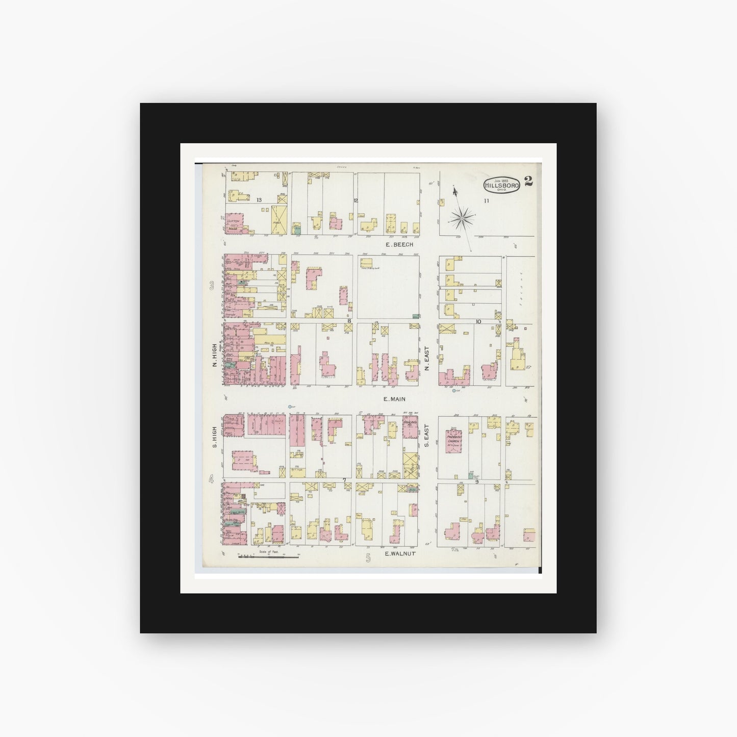 Old map wall art mockup — black gallery frame with white mat — Sanborn Fire Insurance Map from Hillsboro, Highland County, Ohio (1893), Sheet #0002