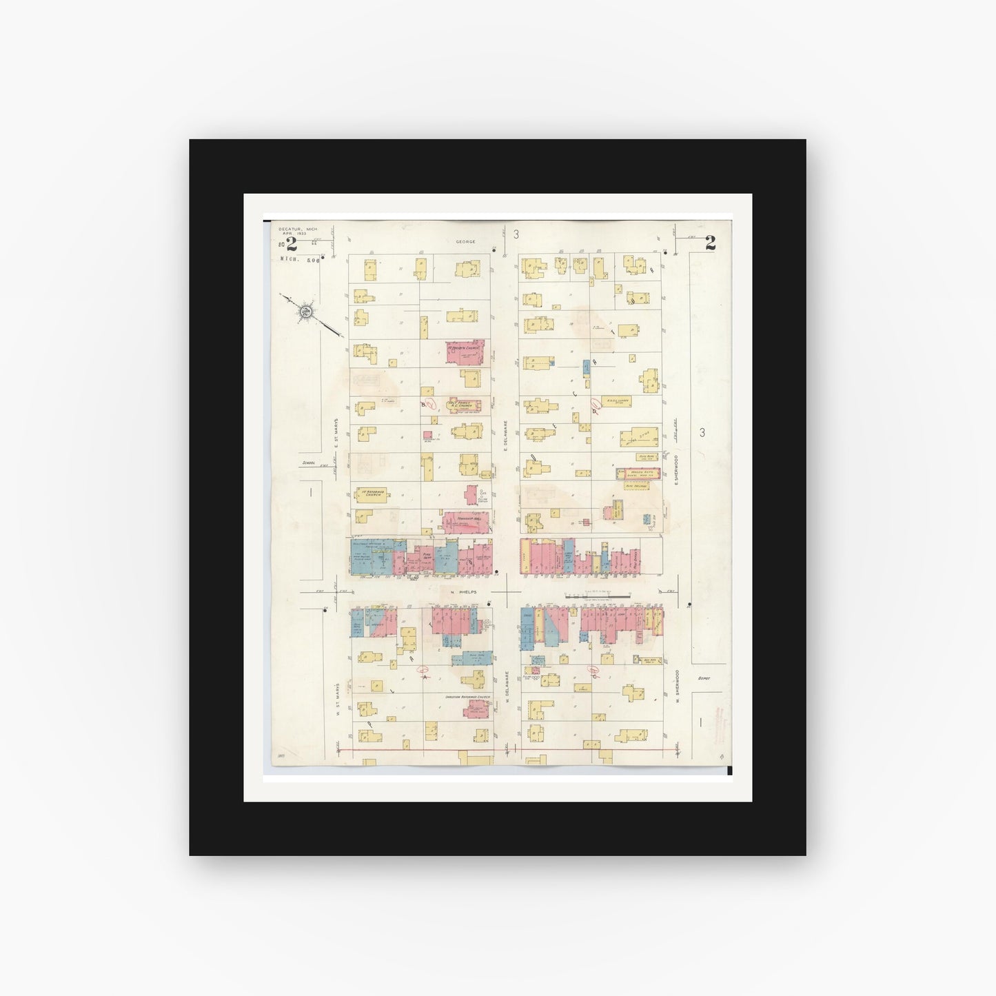 Old map wall art mockup — black gallery frame with white mat — Sanborn Fire Insurance Map from Decatur, Van Buren County, Michigan (1944), Sheet #0002