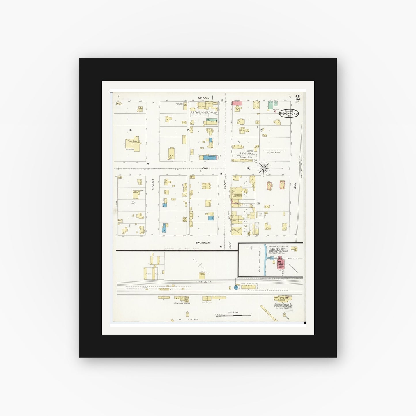 Old map wall art mockup — black gallery frame with white mat — Sanborn Fire Insurance Map from Rockford, Floyd County, Iowa (1899), Sheet #0002
