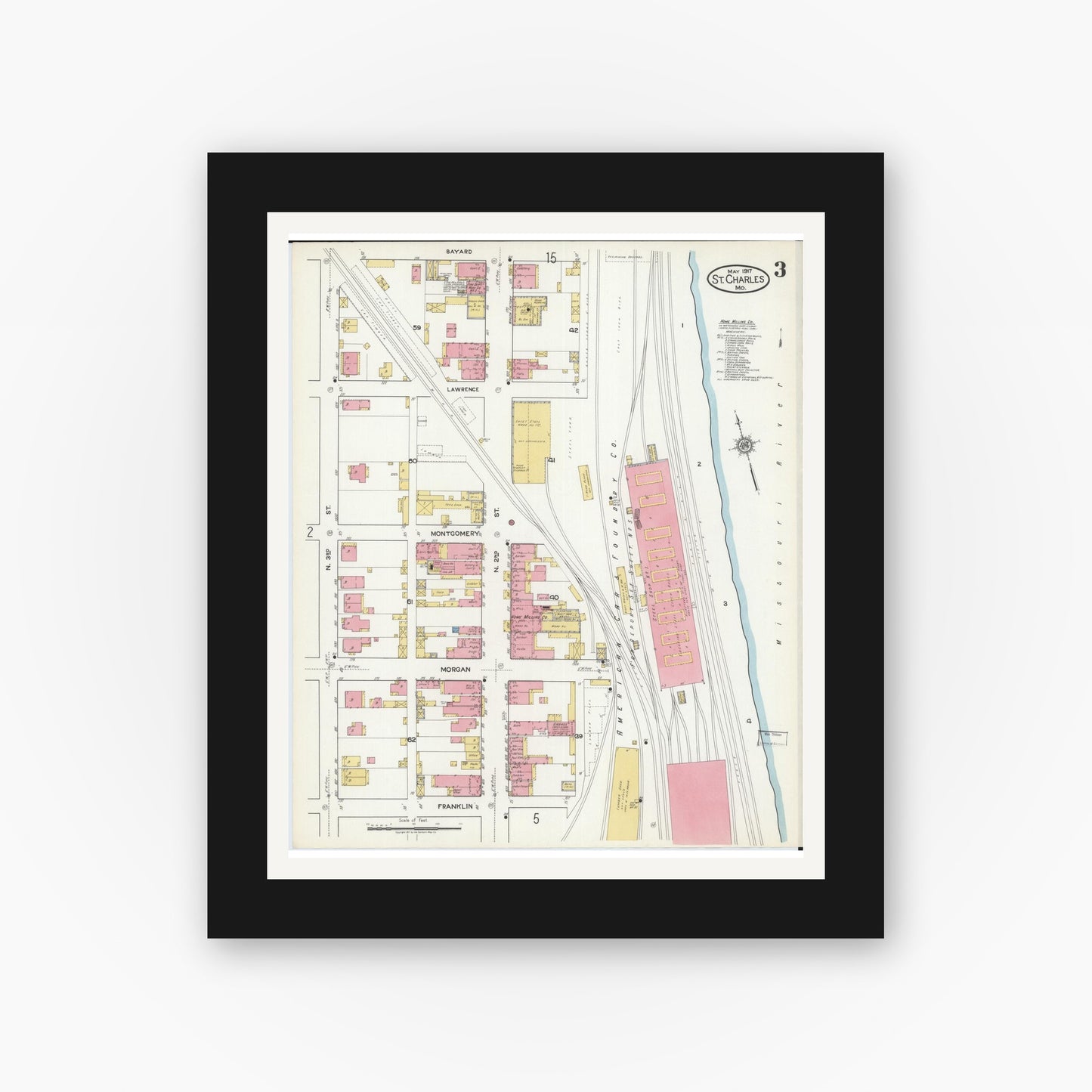 Old map wall art mockup — black gallery frame with white mat — Sanborn Fire Insurance Map from Saint Charles, Saint Charles County, Missouri (1917), Sheet #0003