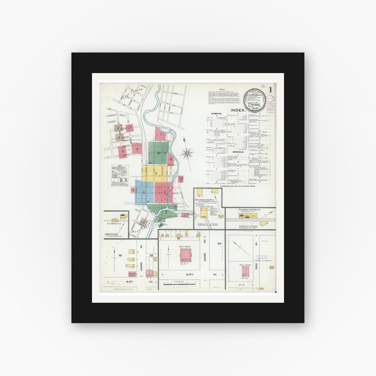 Old map wall art mockup — black gallery frame with white mat — Sanborn Fire Insurance Map from Tyrone, Blair County, Pennsylvania (1901) - Complete Map Set