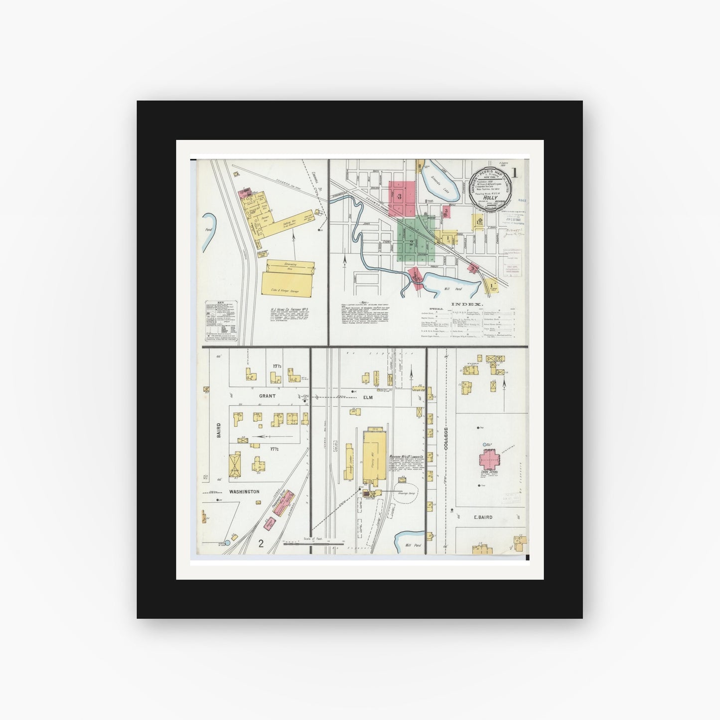 Old map wall art mockup β black gallery frame with white mat β Sanborn Fire Insurance Map from Holly, Oakland County, Michigan (1900) - Complete Map Set