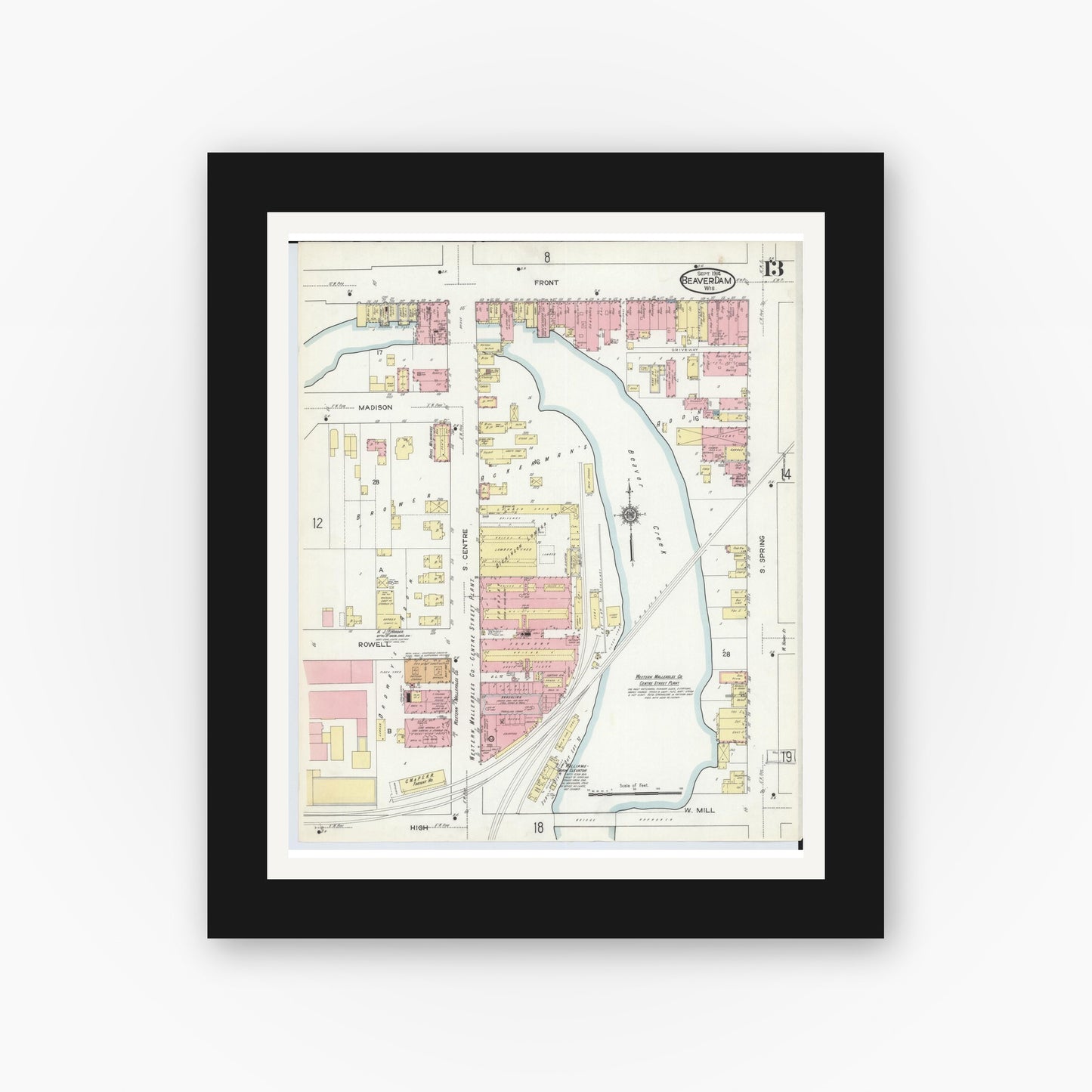 Old map wall art mockup — black gallery frame with white mat — Sanborn Fire Insurance Map from Beaver Dam, Dodge County, Wisconsin (1914), Sheet #0013