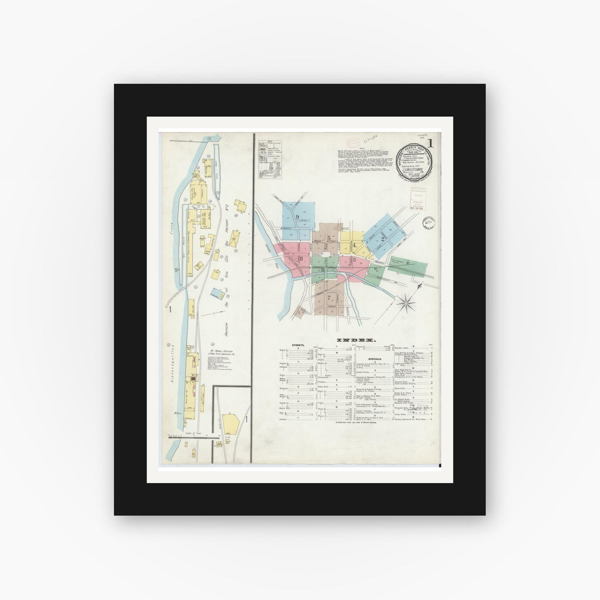 Old map wall art mockup — black gallery frame with white mat — Sanborn Fire Insurance Map from Lewistown, Mifflin County, Pennsylvania (1896) - Complete Map Set