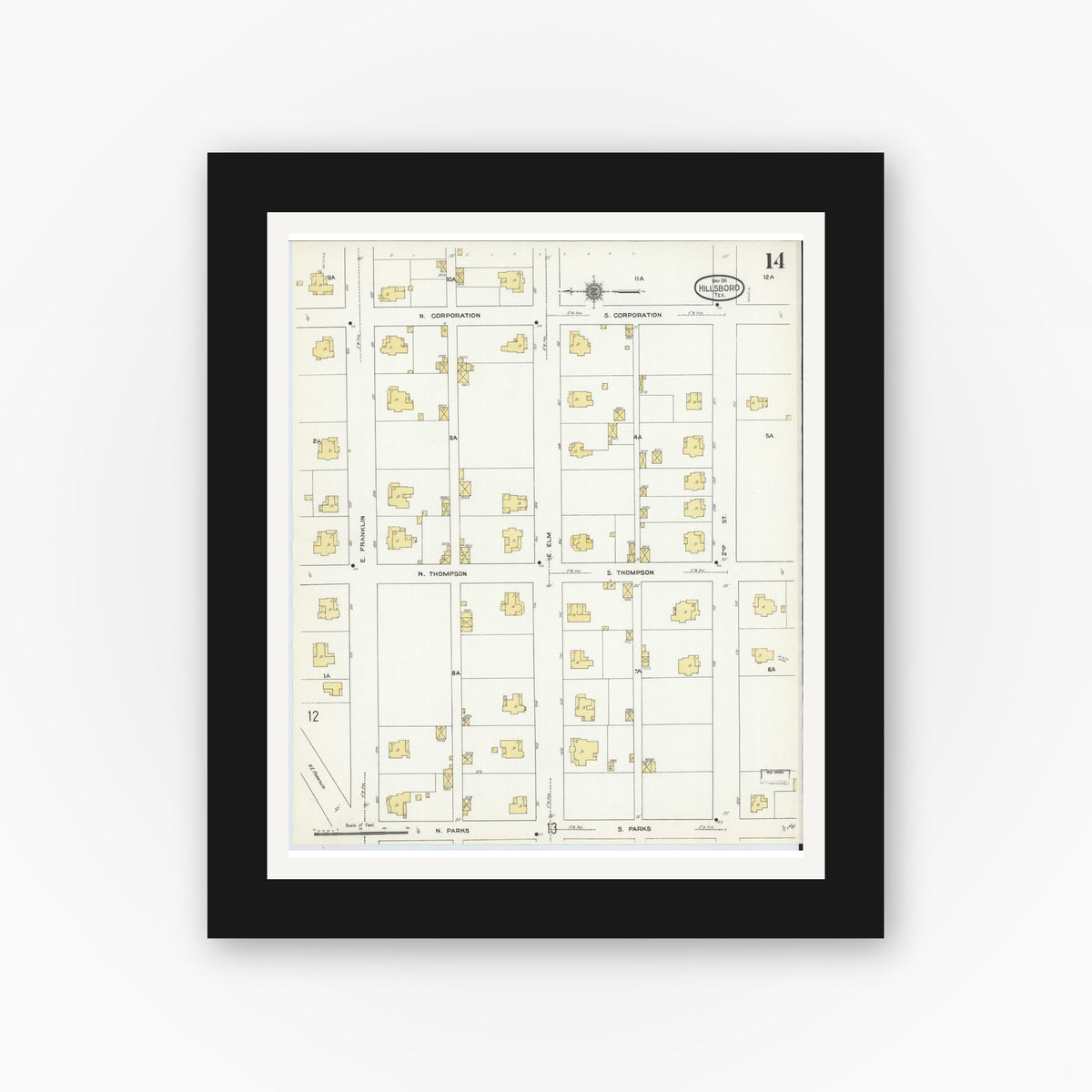 Old map wall art mockup — black gallery frame with white mat — Sanborn Fire Insurance Map from Hillsboro, Hill County, Texas (1911), Sheet #0014