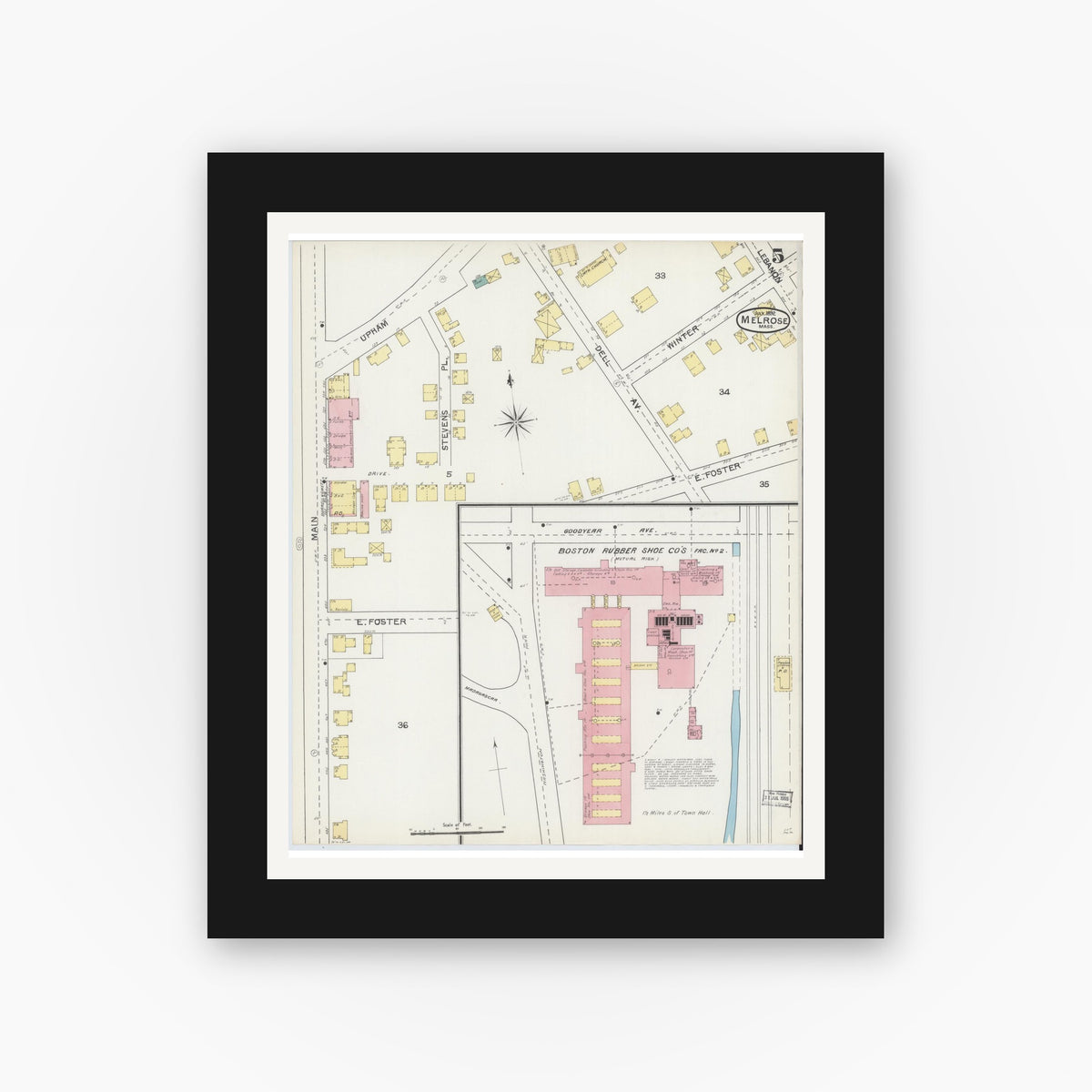 Old map wall art mockup — black gallery frame with white mat — Sanborn Fire Insurance Map from Melrose, Middlesex County, Massachusetts (1892), Sheet #0005