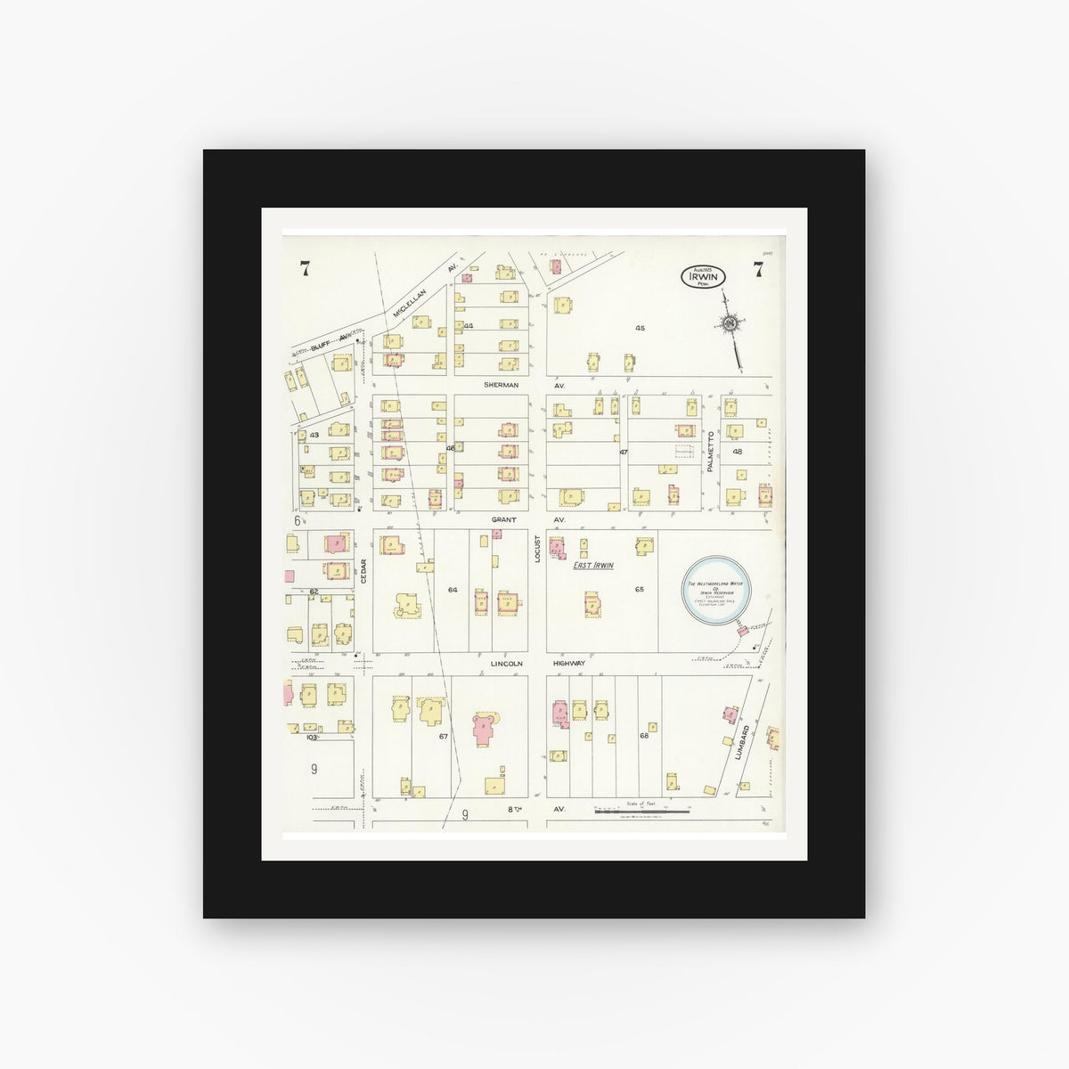 Old map wall art mockup — black gallery frame with white mat — Sanborn Fire Insurance Map from Irwin, Westmoreland County, Pennsylvania (1925), Sheet #0007