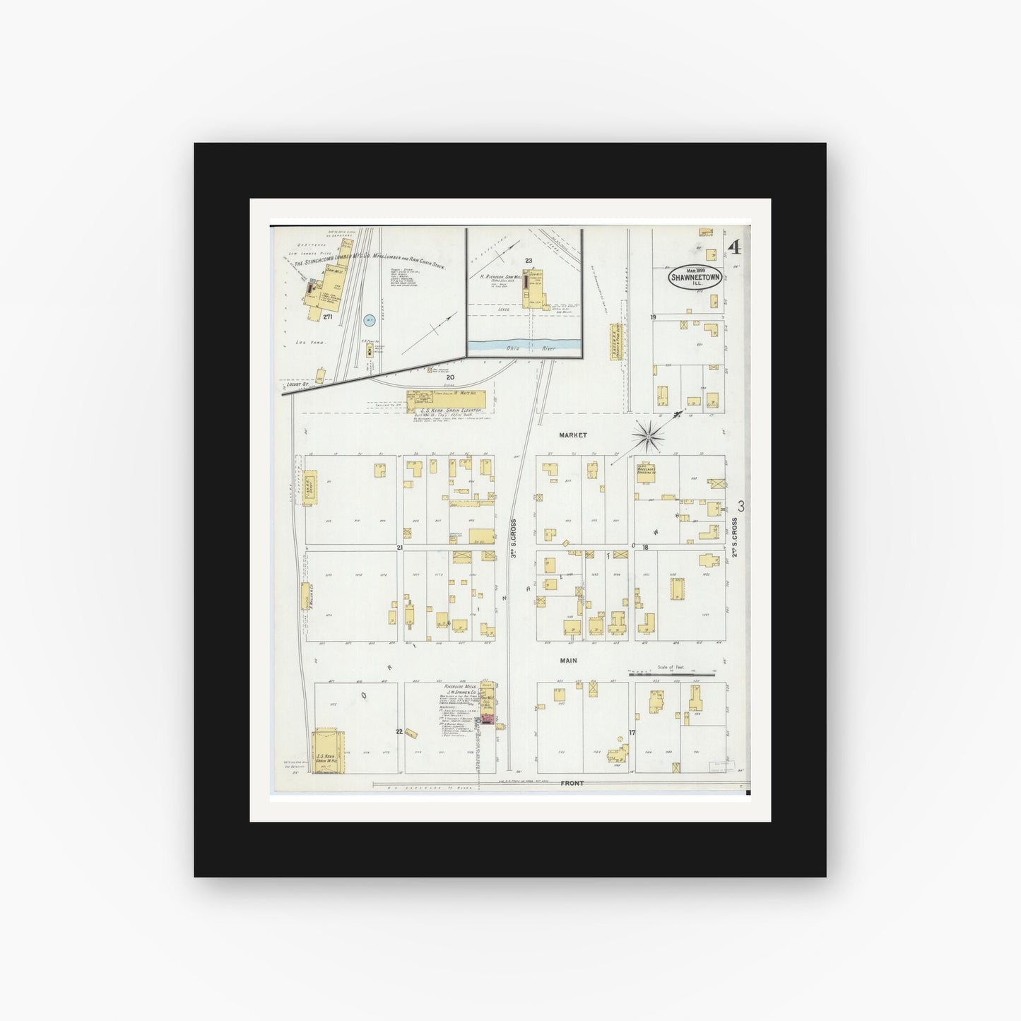 Old map wall art mockup — black gallery frame with white mat — Sanborn Fire Insurance Map from Shawneetown, Gallatin County, Illinois (1899), Sheet #0004