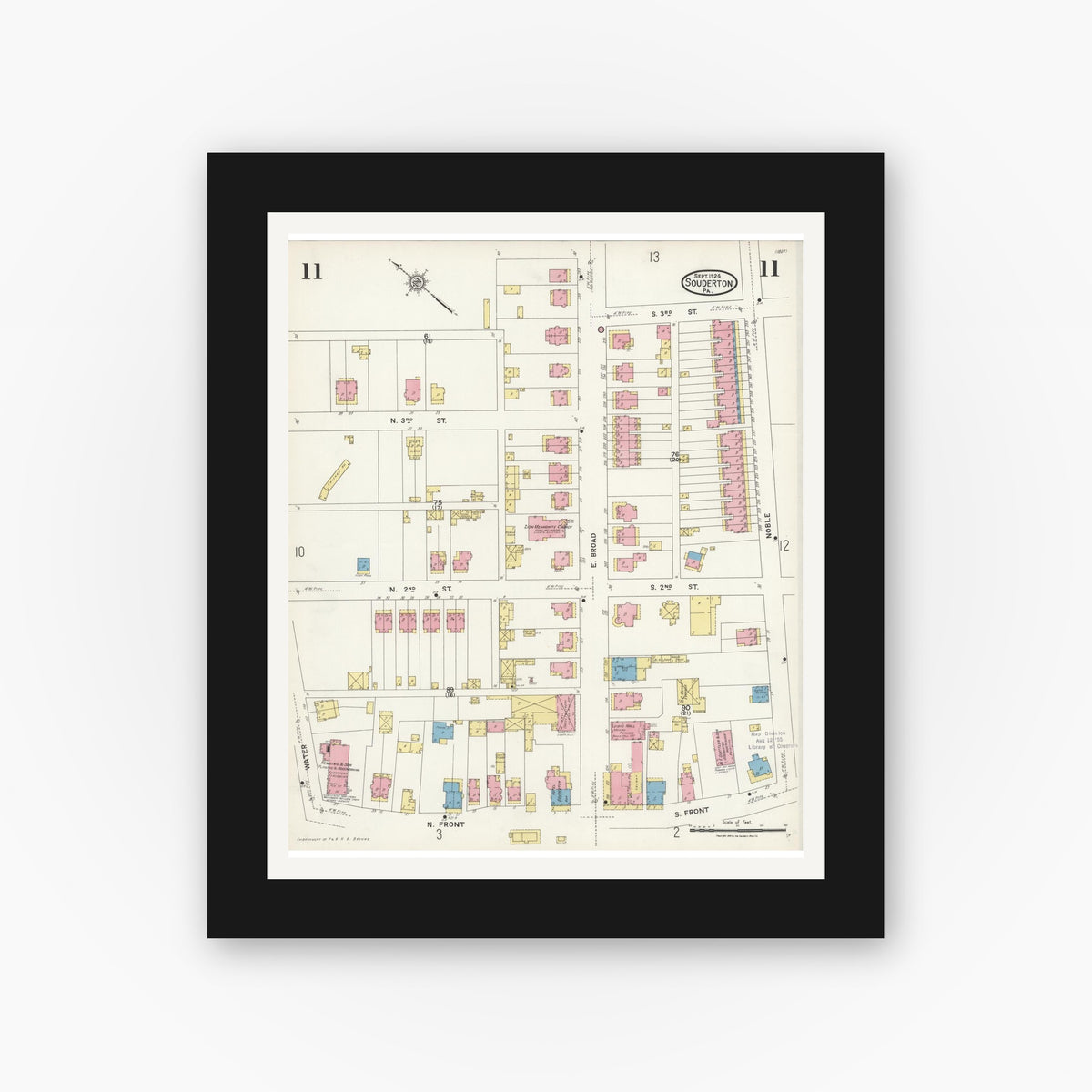 Old map wall art mockup — black gallery frame with white mat — Sanborn Fire Insurance Map from Souderton, Montgomery County, Pennsylvania (1924), Sheet #0011