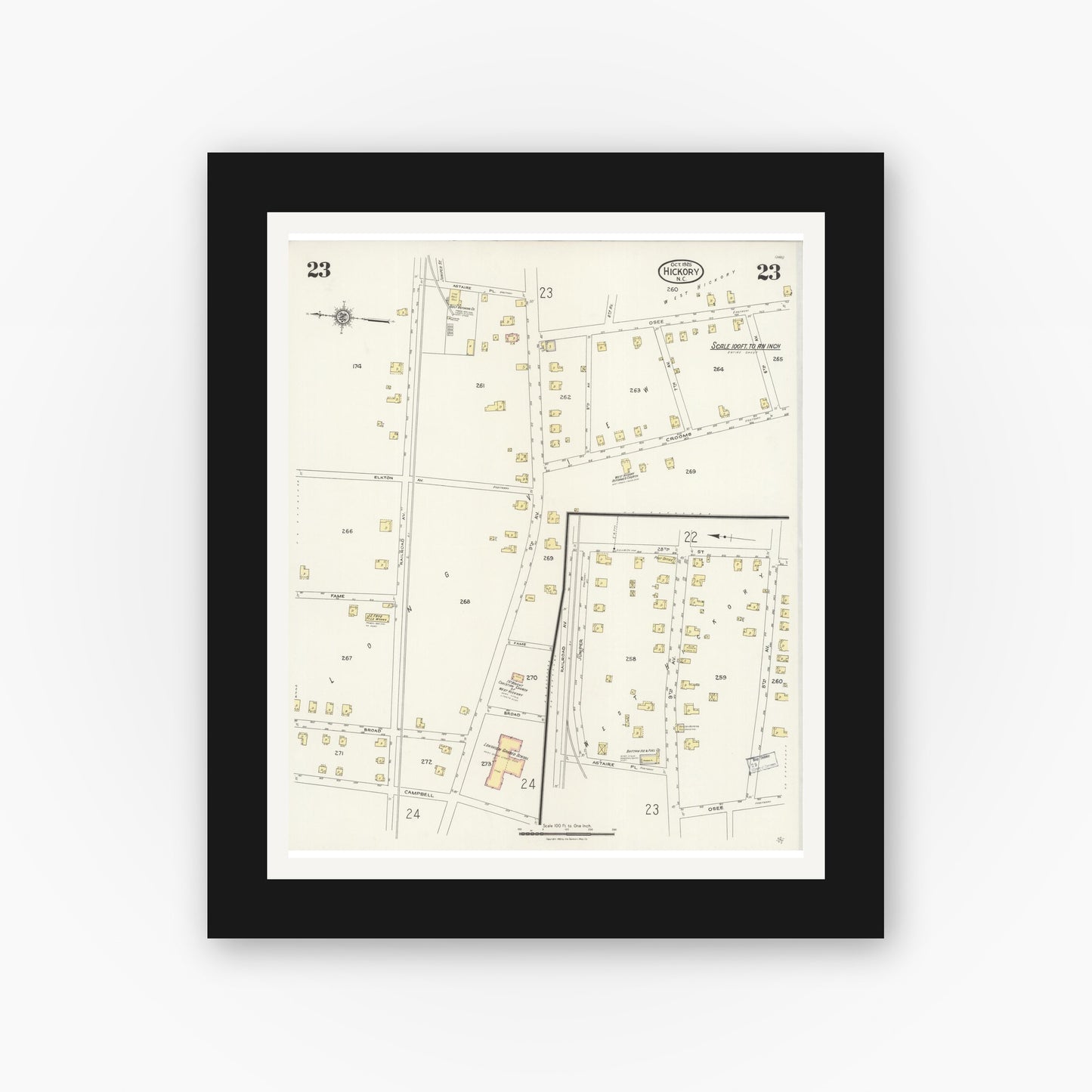 Old map wall art mockup — black gallery frame with white mat — Sanborn Fire Insurance Map from Hickory, Catawba County, North Carolina (1925), Sheet #0023