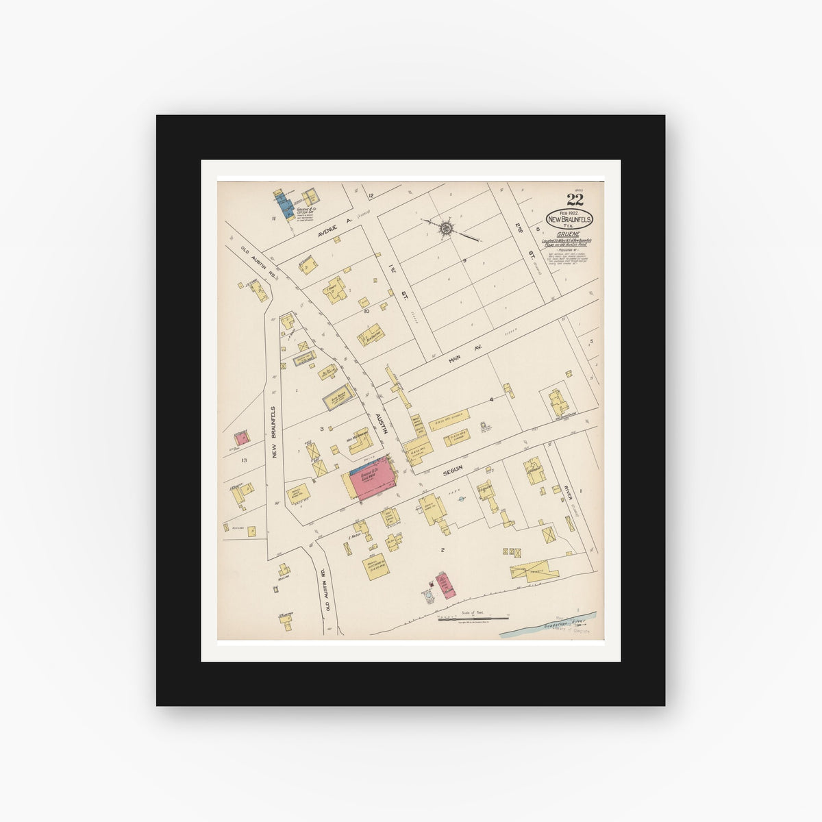 Old map wall art mockup — black gallery frame with white mat — Sanborn Fire Insurance Map from New Braunfels, Comal County, Texas (1922), Sheet #0022