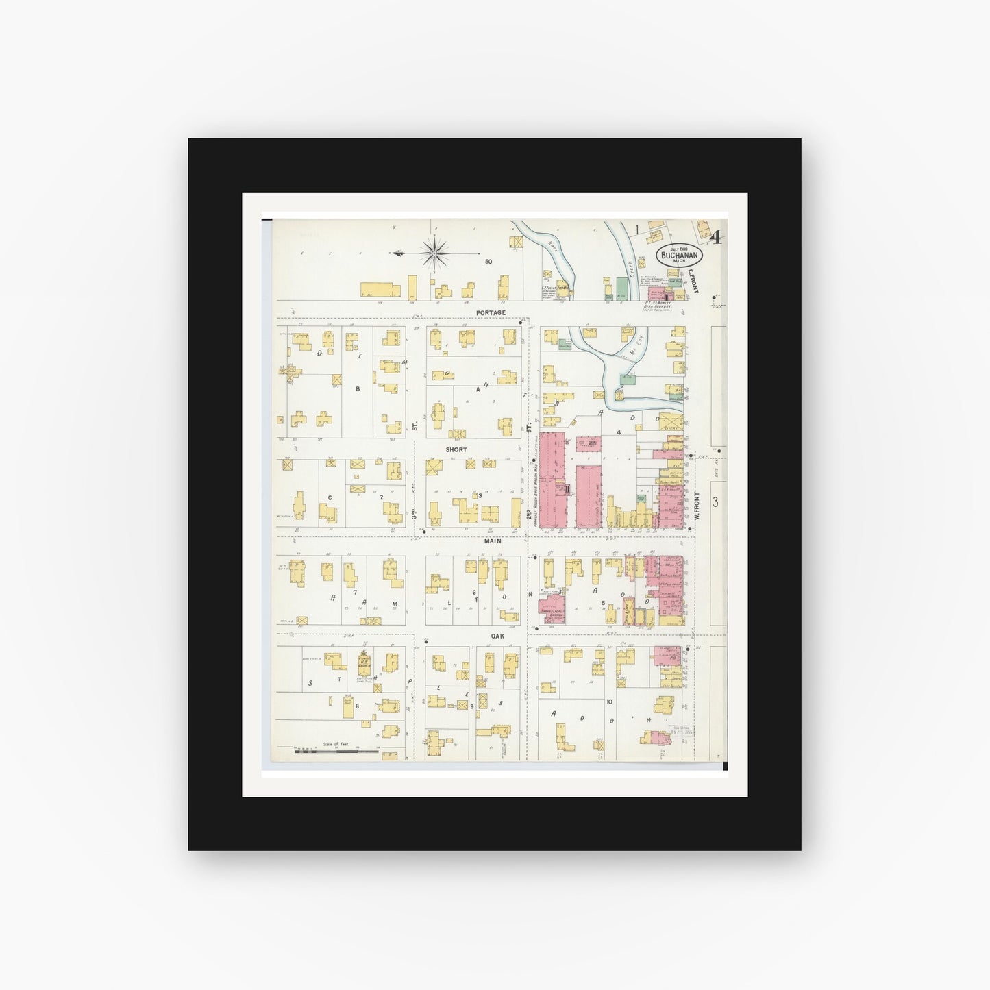 Old map wall art mockup — black gallery frame with white mat — Sanborn Fire Insurance Map from Buchanan, Berrien County, Michigan (1900), Sheet #0004