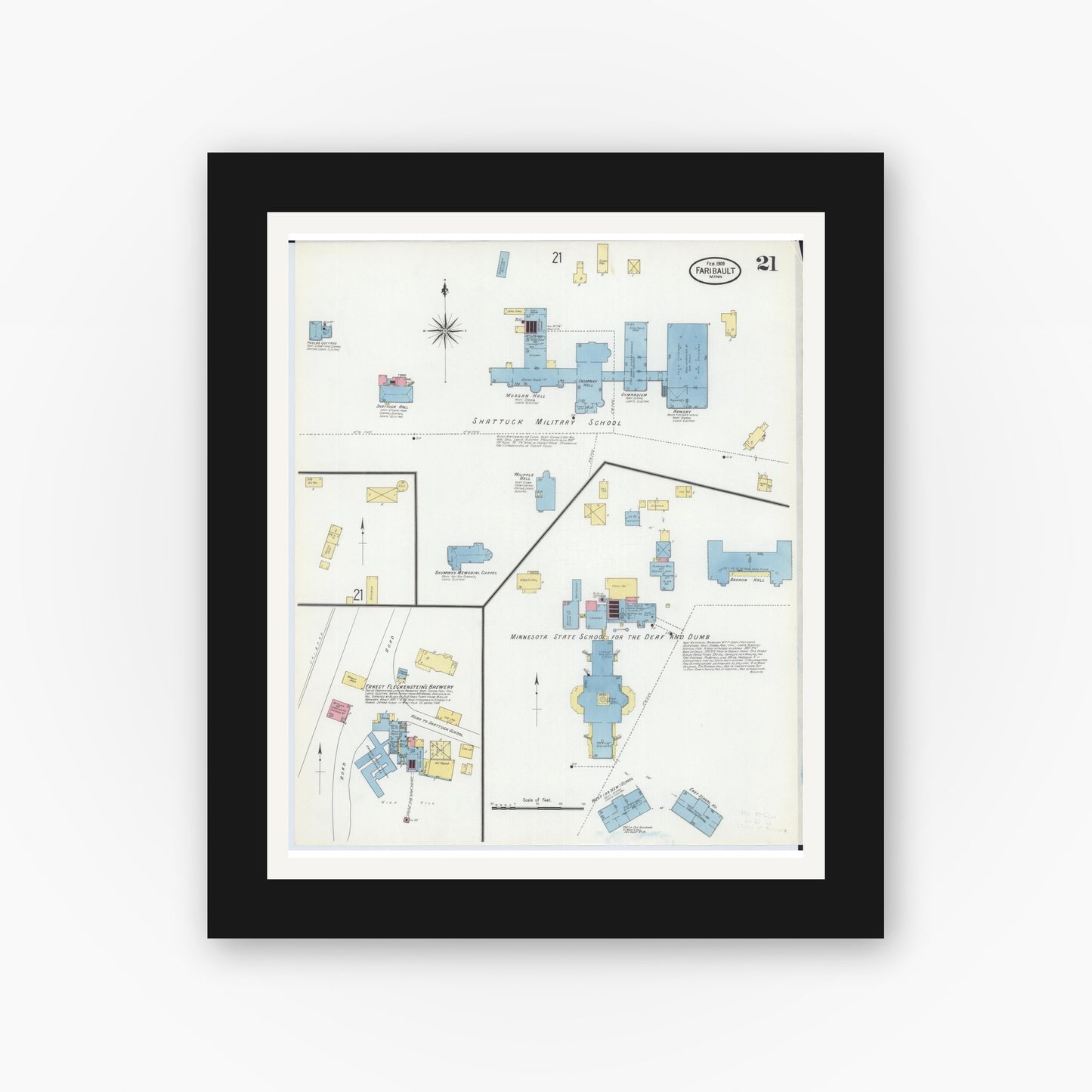 Old map wall art mockup — black gallery frame with white mat — Sanborn Fire Insurance Map from Faribault, Rice County, Minnesota (1909), Sheet #0021