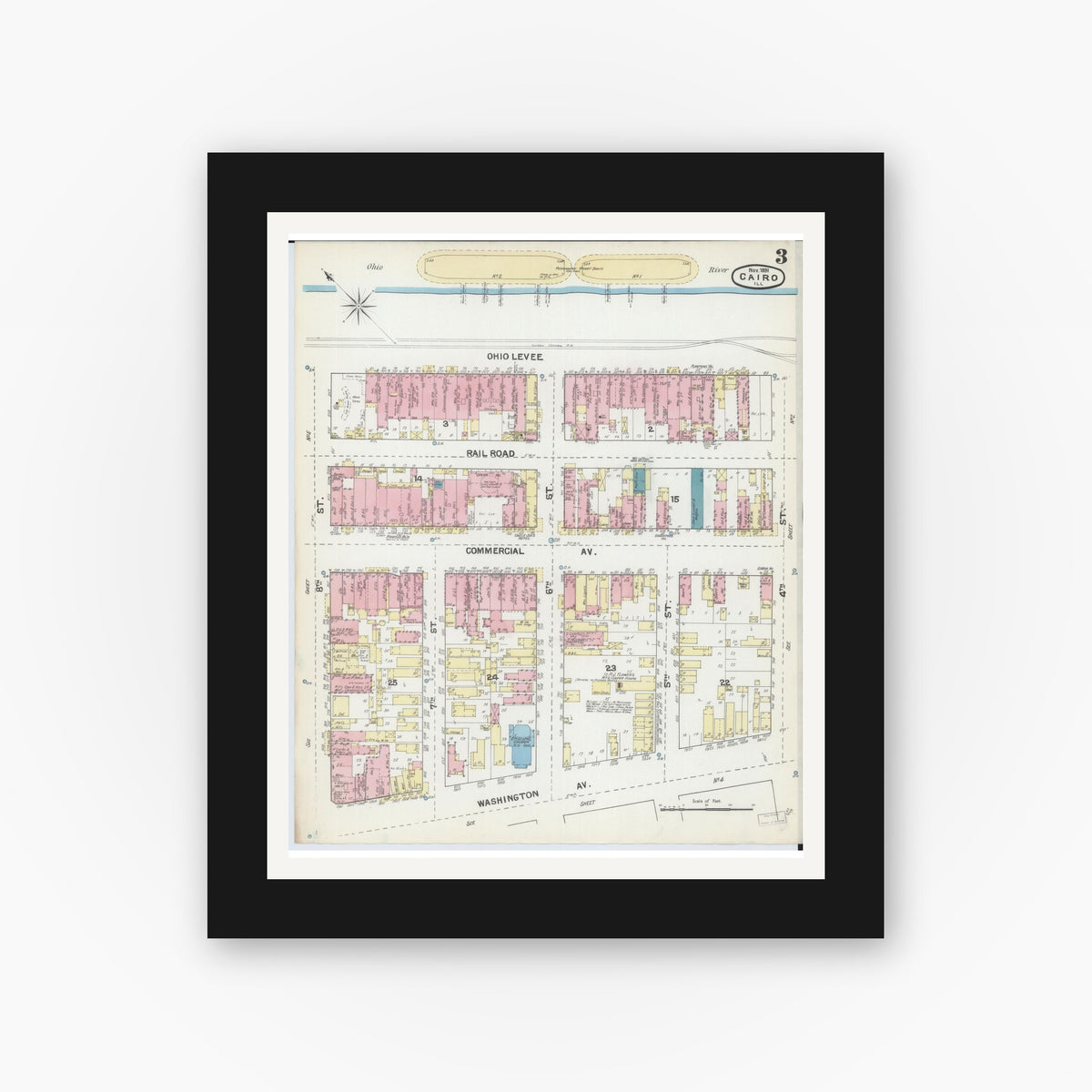 Old map wall art mockup — black gallery frame with white mat — Sanborn Fire Insurance Map from Cairo, Alexander County, Illinois (1891), Sheet #0003