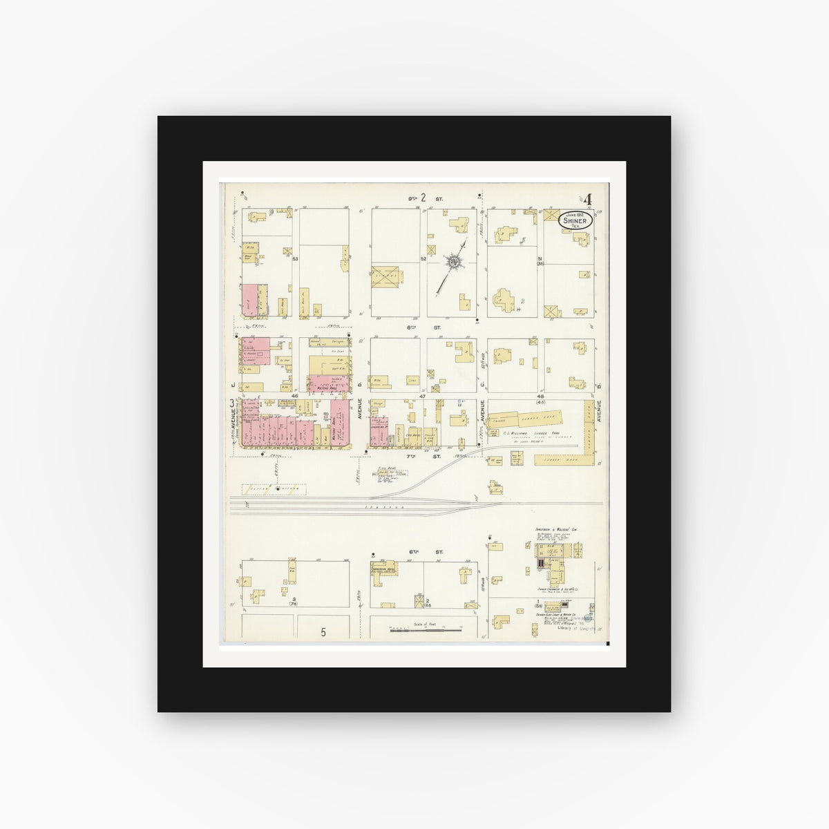 Old map wall art mockup — black gallery frame with white mat — Sanborn Fire Insurance Map from Shiner, Lavaca County, Texas (1912), Sheet #0004