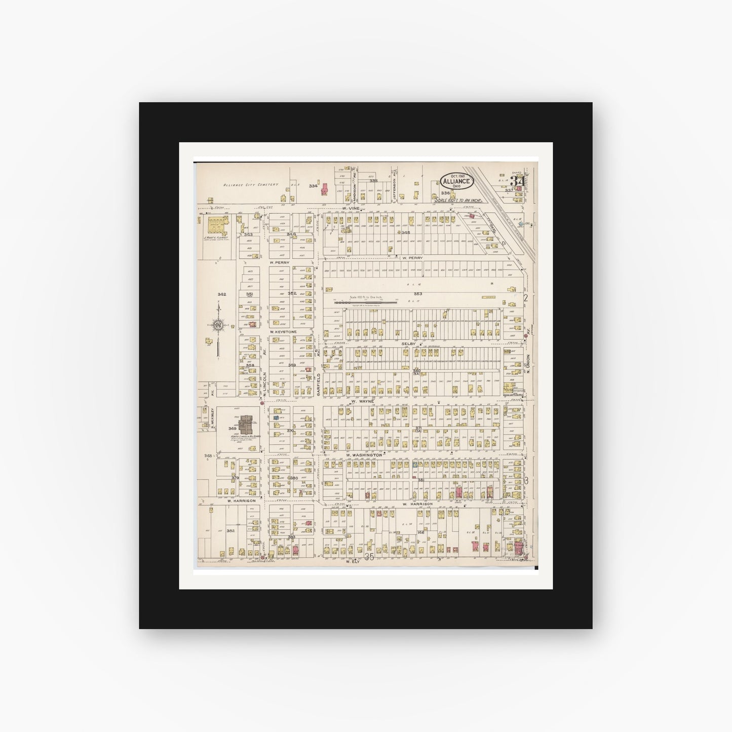 Old map wall art mockup — black gallery frame with white mat — Sanborn Fire Insurance Map from Alliance, Stark County, Ohio (1921), Sheet #0034