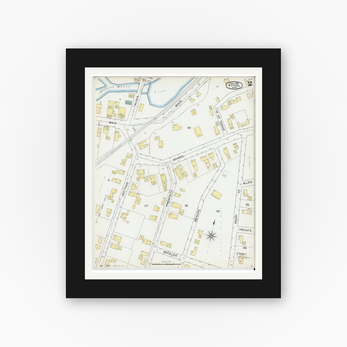 Old map wall art mockup — black gallery frame with white mat — Sanborn Fire Insurance Map from Athol, Worcester County, Massachusetts (1892), Sheet #0002
