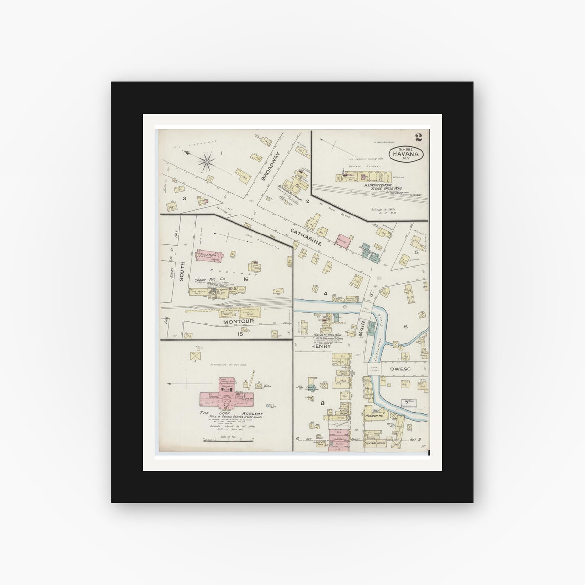 Old map wall art mockup — black gallery frame with white mat — Sanborn Fire Insurance Map from Havana, Schuyler County, New York (1886), Sheet #0002