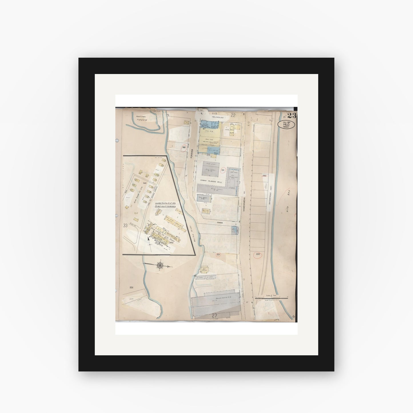 Old map wall art mockup — black gallery frame with white mat — Sanborn Fire Insurance Map from Hilo, Hawaii County, Hawaii (1957), Sheet #0023