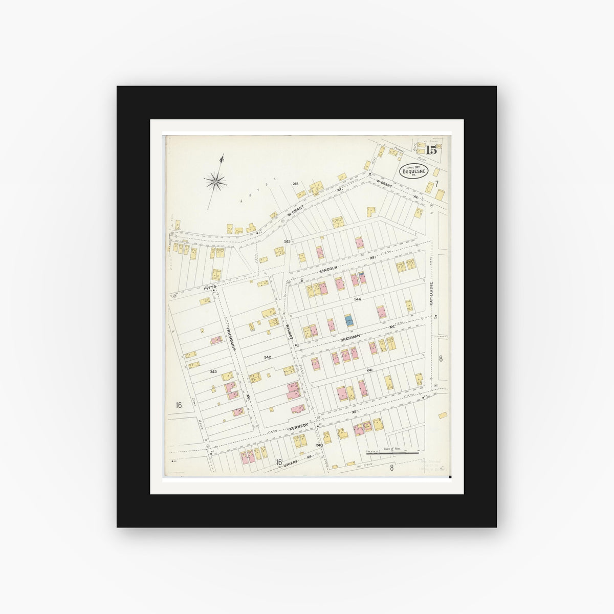 Old map wall art mockup — black gallery frame with white mat — Sanborn Fire Insurance Map from Duquesne, Allegheny County, Pennsylvania (1907), Sheet #0015