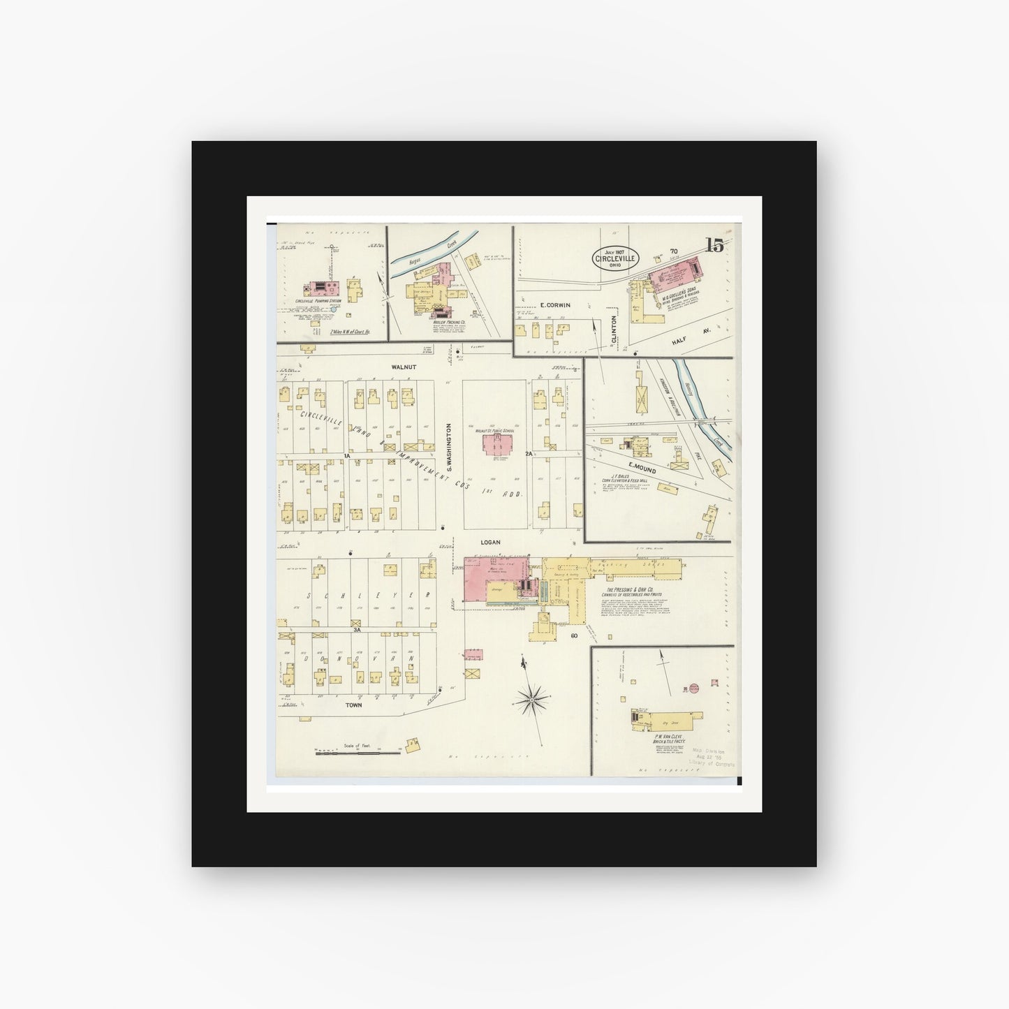 Old map wall art mockup — black gallery frame with white mat — Sanborn Fire Insurance Map from Circleville, Pickaway County, Ohio (1907), Sheet #0015
