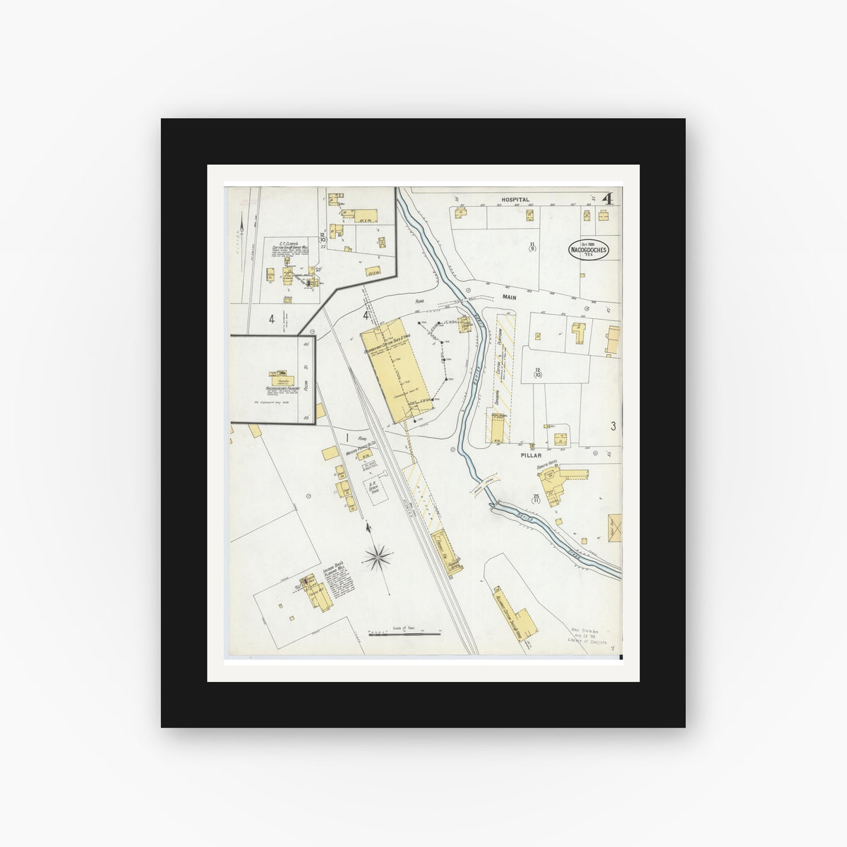 Old map wall art mockup — black gallery frame with white mat — Sanborn Fire Insurance Map from Nacogdoches, Nacogdoches County, Texas (1900), Sheet #0004