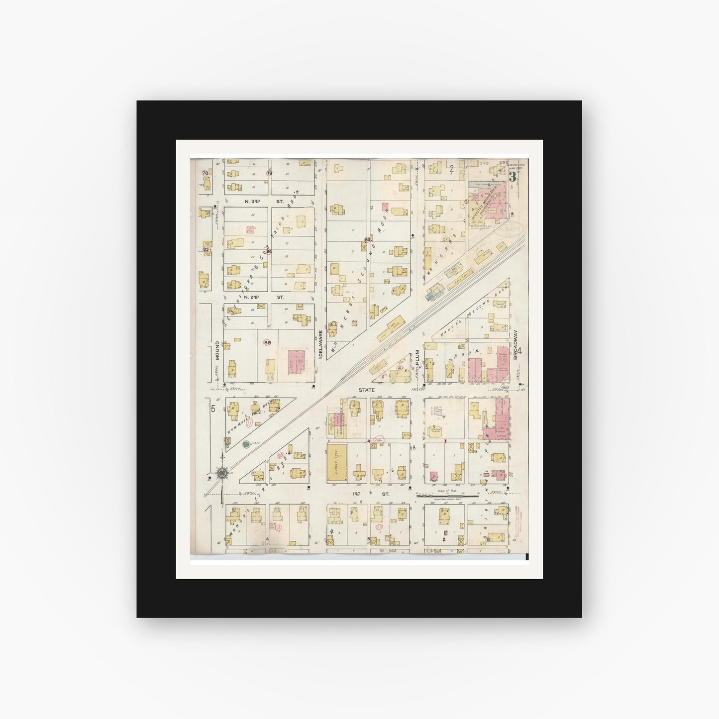 Old map wall art mockup — black gallery frame with white mat — Sanborn Fire Insurance Map from Albany, Delaware County, Indiana (1943), Sheet #0003