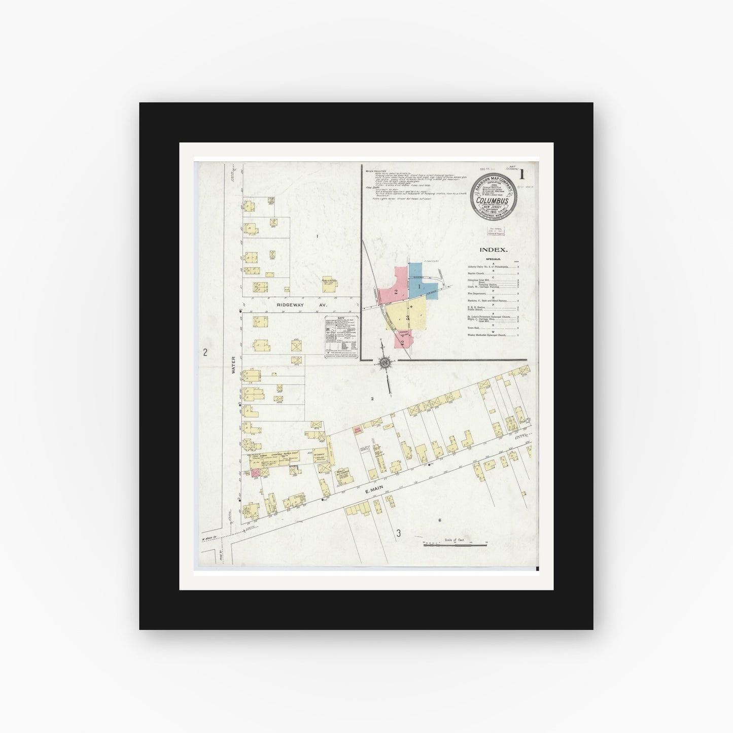 Old map wall art mockup — black gallery frame with white mat — Sanborn Fire Insurance Map from Columbus, Burlington County, New Jersey (1910) - Complete Map Set