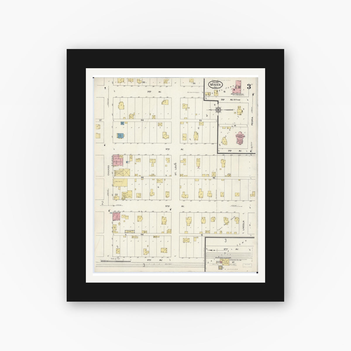 Old map wall art mockup — black gallery frame with white mat — Sanborn Fire Insurance Map from Minier, Tazewell County, Illinois (1913), Sheet #0003